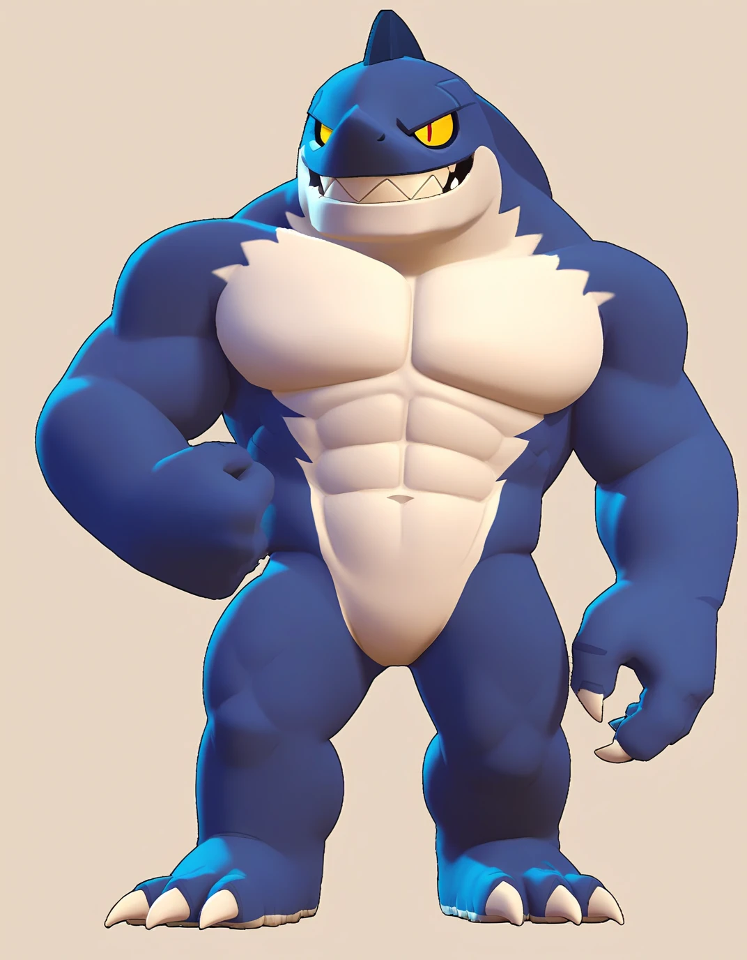 score_9, score_8_up, score_7_up, score_6_up, score_5_up, score_4_up, rating_questionable,yellow sclera,red pupils, claws,{{{shark head with a human body}}},dark blue body,white jawline,white chest,white abs,white pecs,white crotch,focus 4 fingers,sharp teeth,, furry male, muscular, smirk, full body,sfw_nudity, thick things, face and chest,arms and hands ,pecs&crotch,{tall legs&thigh},feet,show chest&pecs,left-arm half raise up,right-arm's hand on the right-leg,ready to run posing,brawl,perfect detailed eyes,perfect detailed pupils, no humans,{{2d,flatted art}}