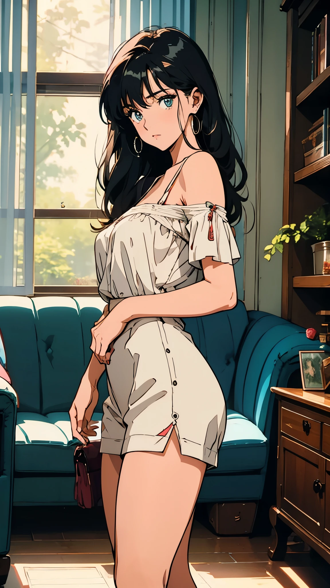 Model posing on the sofa、painful、 beautiful eyes、Stylish shelves、 Stylish Furniture