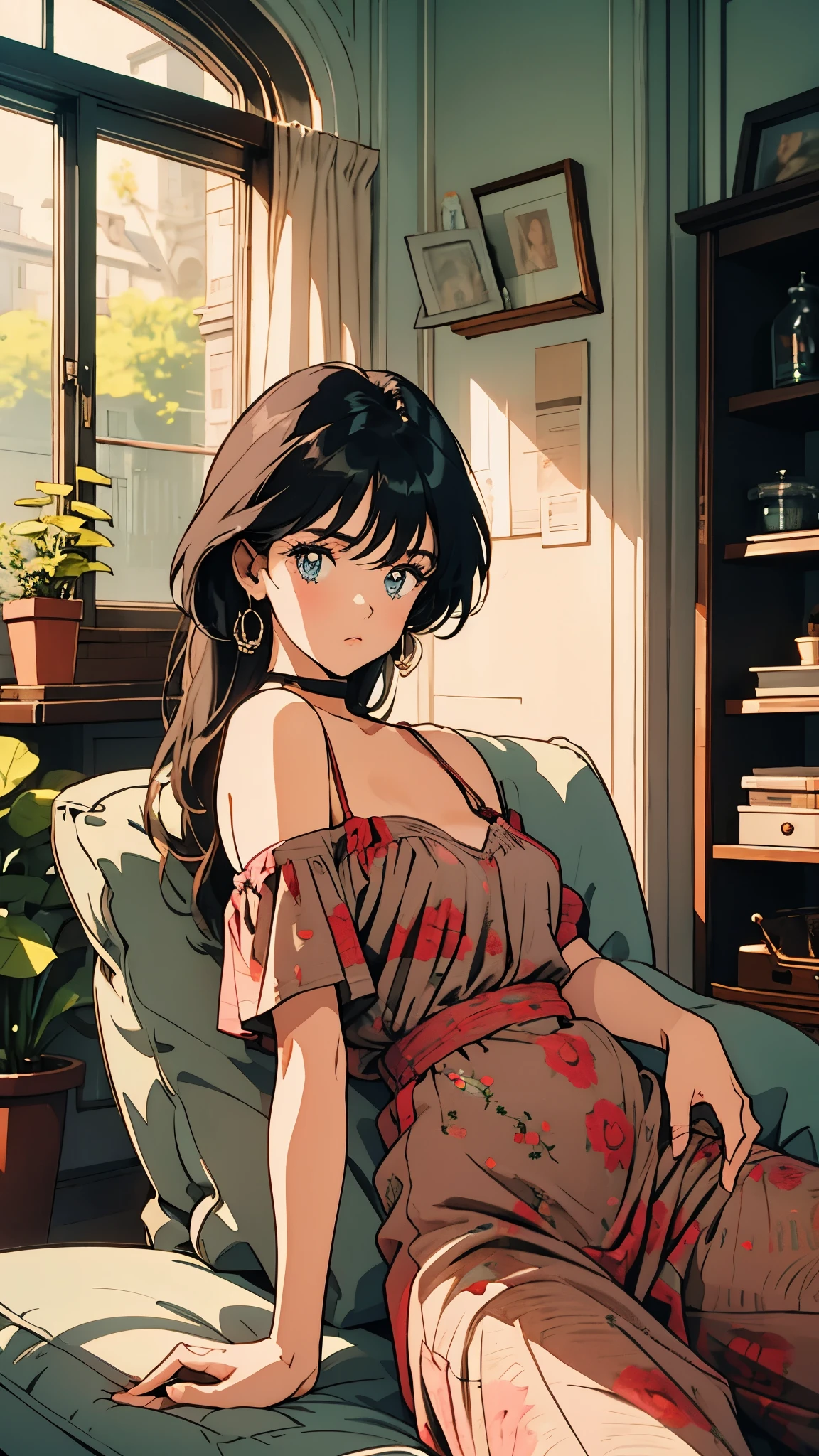 Model posing on the sofa、painful、 beautiful eyes、Stylish shelves、 Stylish Furniture