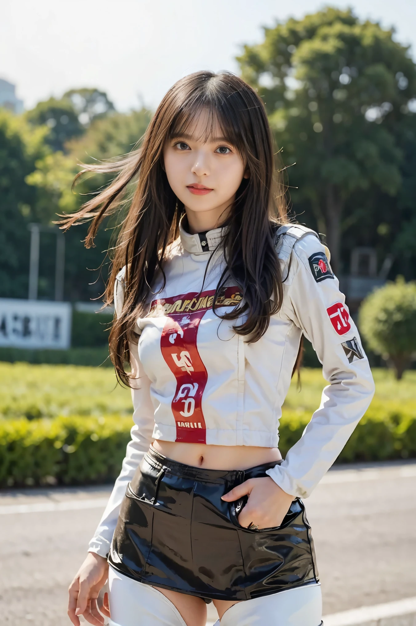 ((SFW: 1.4)),((Detailed face, Professional photography)), ((SFW, Race Queen, Grid Girls, skirt, No sleeve, 1 Girl)), Ultra-high resolution, (Realistic: 1.4), RAW Photos, Highest quality, (PhotoRealistic Stick), concentrated, Soft Light, ((20-year-old)), ((Japanese)), (( (Young Face))), (surface), (Depth of written boundary), masterpiece, (Realistic), woman, bangs, ((1 Girl))