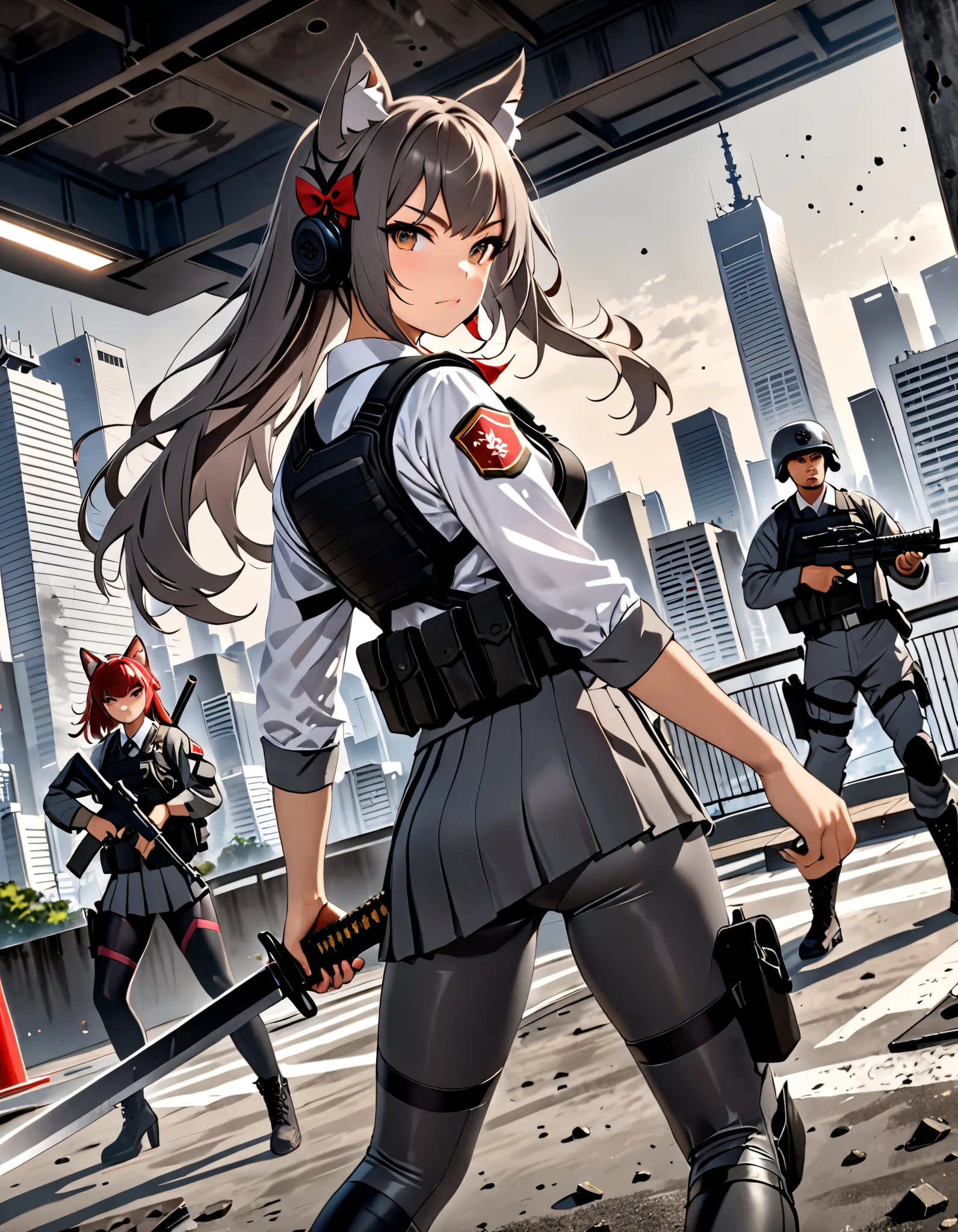 masterpiece, best quality, high res, 4k, 8k, solo focus, 1girl, female samurai, Japanese military officer, (catgirl:1.2, furry ears:1.2), college-aged female, long hair, back hair, hair ornament, white-collared shirt, red necktie, shoulder holster, pleated skirt, side slit, (full dark grey leggings:1.4), (biker boots, high heels), holding katana sword in one hand and holding a glock22 pistol with another, aggressive battle stance, Tokyo skyline, wharf, a military helicopter hovering above, concrete ground riddle with bullet holes, dutch angle, intense atmosphere, intense expressive. action shot, tactical soldiers with AR-15s in the background.
