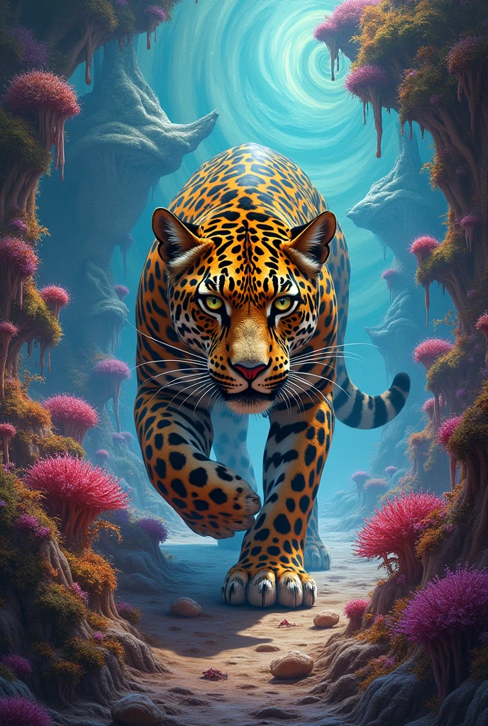 A leopard walking through a psychedelic place