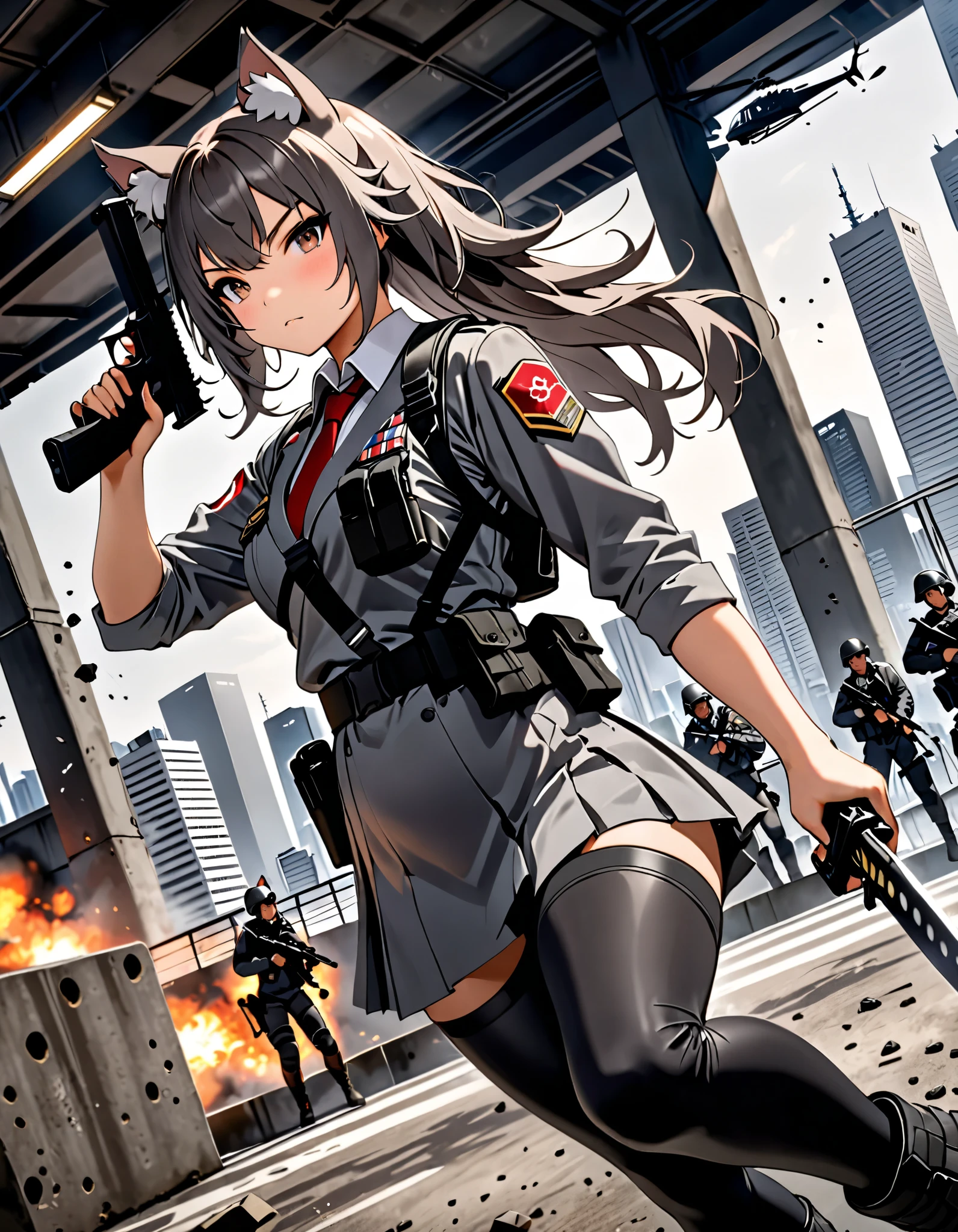 masterpiece, best quality, high res, 4k, 8k, solo focus, 1girl, female samurai, Japanese military officer, (catgirl:1.2, furry ears:1.2), college-aged female, long hair, back hair, hair ornament, white-collared shirt, red necktie, shoulder holster, pleated skirt, side slit, (full dark grey leggings:1.4), (biker boots, high heels), holding katana sword in one hand and holding a glock22 pistol with another, aggressive battle stance, Tokyo skyline, wharf, a military helicopter hovering above, concrete ground riddle with bullet holes, dutch angle, intense atmosphere, intense expressive. action shot, tactical soldiers with AR-15s in the background.