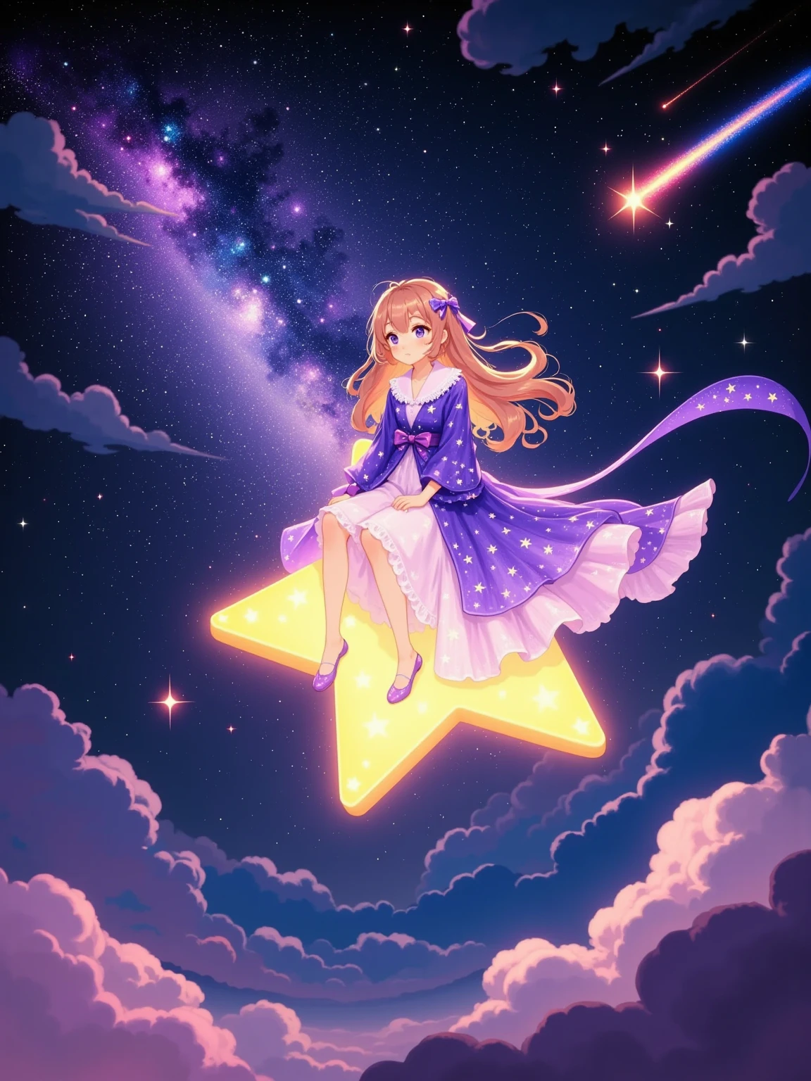 A girl sits firmly on a star emitting dreamy light, flying rapidly in the inky night sky. The star emits soft pink-purple light, enveloping the girl. The stars are arrayed in the sky, and the Milky Way stretches across the sky like a belt. The girl is wearing a gorgeous purple robe embroidered with twinkling star patterns. She slightly raises her head and looks at the magnificent starry sky above, with amazement in her eyes. The star drags a long tail of light and streaks across the sky like a comet. From time to time, there are colorful meteors streaking across the surrounding night sky, adding a touch of romance and fantasy