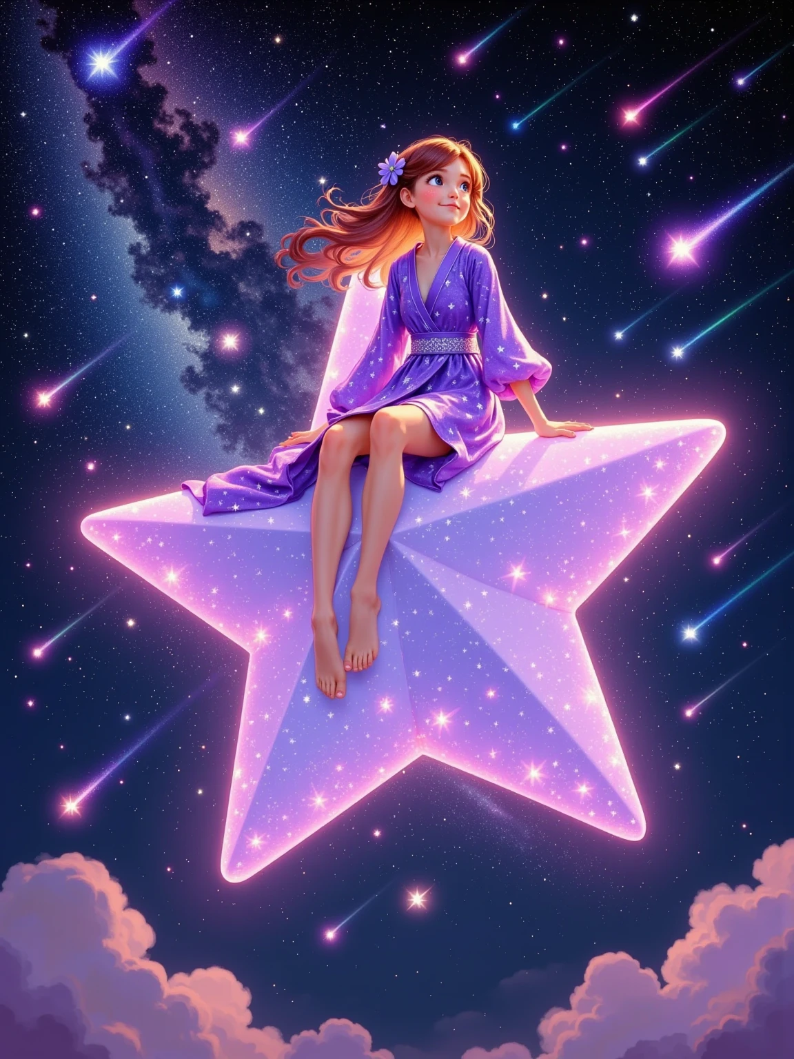 A girl sits firmly on a star emitting dreamy light, flying rapidly in the inky night sky. The star emits soft pink-purple light, enveloping the girl. The stars are arrayed in the sky, and the Milky Way stretches across the sky like a belt. The girl is wearing a gorgeous purple robe embroidered with twinkling star patterns. She slightly raises her head and looks at the magnificent starry sky above, with amazement in her eyes. The star drags a long tail of light and streaks across the sky like a comet. From time to time, there are colorful meteors streaking across the surrounding night sky, adding a touch of romance and fantasy