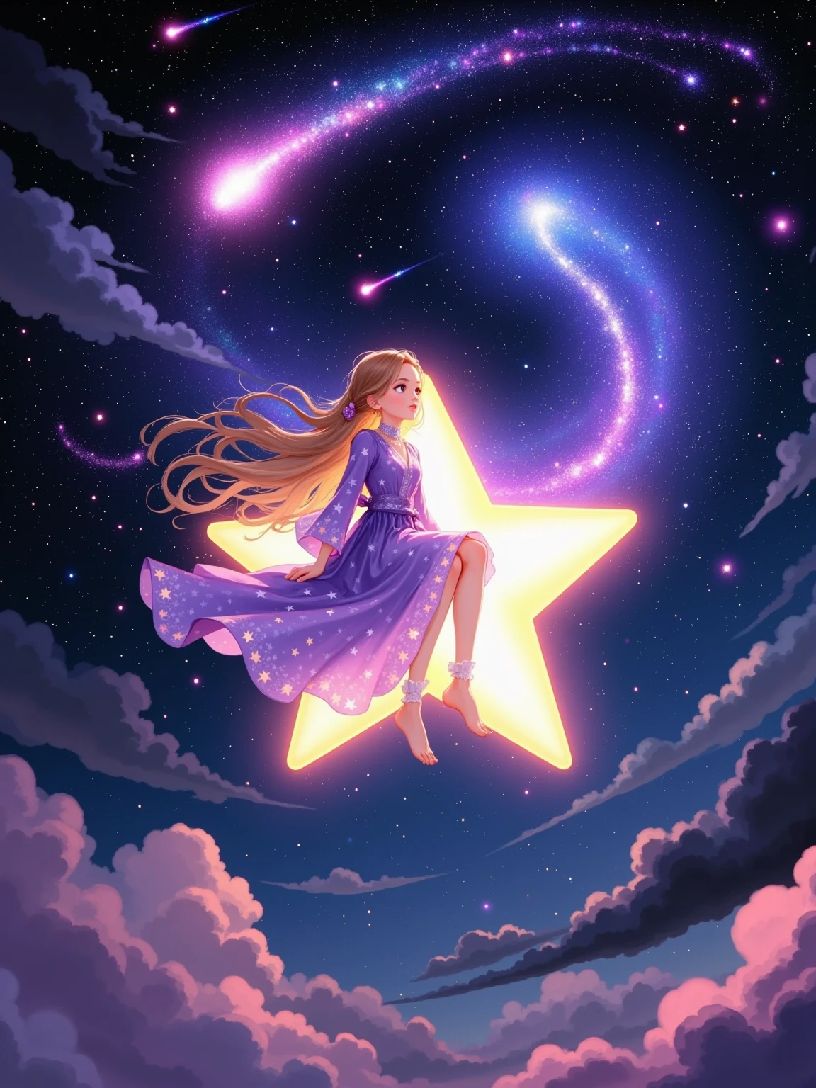 A girl sits firmly on a star emitting dreamy light, flying rapidly in the inky night sky. The star emits soft pink-purple light, enveloping the girl. The stars are arrayed in the sky, and the Milky Way stretches across the sky like a belt. The girl is wearing a gorgeous purple robe embroidered with twinkling star patterns. She slightly raises her head and looks at the magnificent starry sky above, with amazement in her eyes. The star drags a long tail of light and streaks across the sky like a comet. From time to time, there are colorful meteors streaking across the surrounding night sky, adding a touch of romance and fantasy