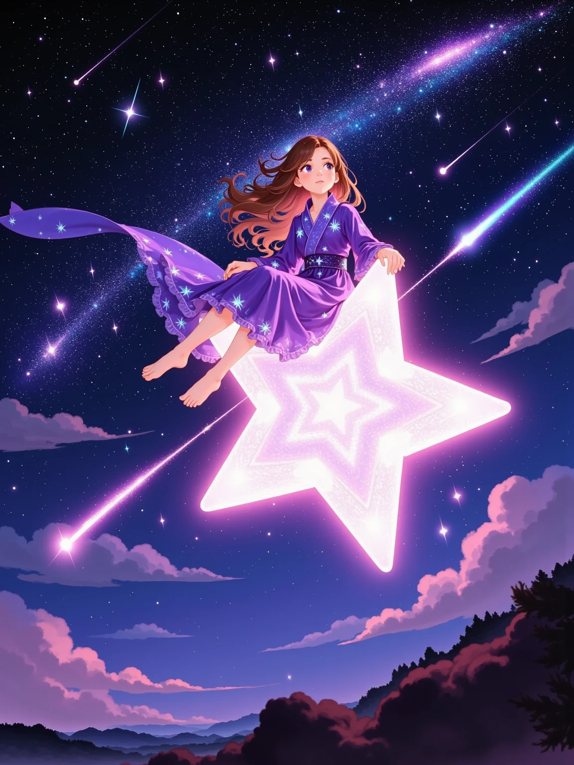 A girl sits firmly on a star emitting dreamy light, flying rapidly in the inky night sky. The star emits soft pink-purple light, enveloping the girl. The stars are arrayed in the sky, and the Milky Way stretches across the sky like a belt. The girl is wearing a gorgeous purple robe embroidered with twinkling star patterns. She slightly raises her head and looks at the magnificent starry sky above, with amazement in her eyes. The star drags a long tail of light and streaks across the sky like a comet. From time to time, there are colorful meteors streaking across the surrounding night sky, adding a touch of romance and fantasy