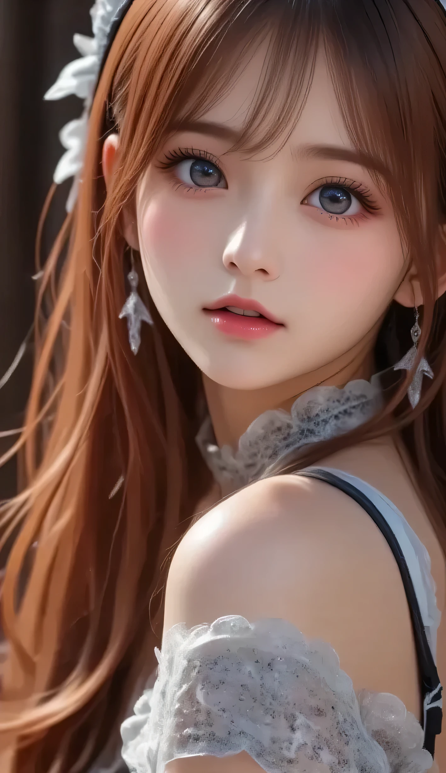 Transparent white glossy skin、Wind-blond hair falls in front of her pretty face、Ample Bust、Cute 15 year old blonde beauty、Beautiful Face、Beautiful super long straight hair that stands out、Big, bright, light blue eyes that shine beautifully、Silky bangs that cover large eyes, Sexy face hiding hair super long hair sexy、Cute young woman with long natural blonde shiny light hair、Round face