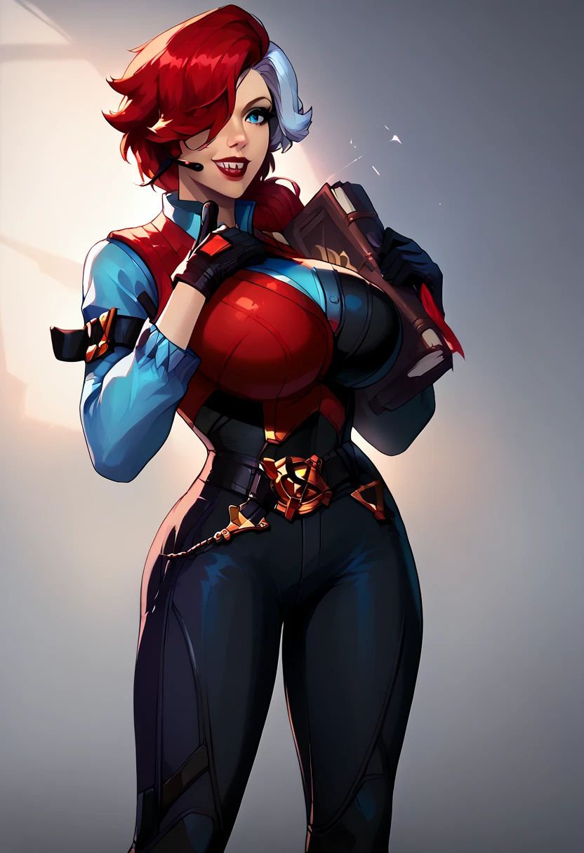 , blackwidow_rivals, red hair, asymmetrical hair, headset microphone, blue eyes, red lips, bodysuit, black bodysuit, gloves, black gloves, forearm guns, black clothes, sniper rifle, holding sniper rifle, huge weapon, posing, , colettedef, sharp teeth, smile, holding book, white hair, hair over one eye, black hairband, blue shirt, long sleeves, sleeves past fingers, red vest, purple pants, (huge breasts:1.0), sexy body , solo
