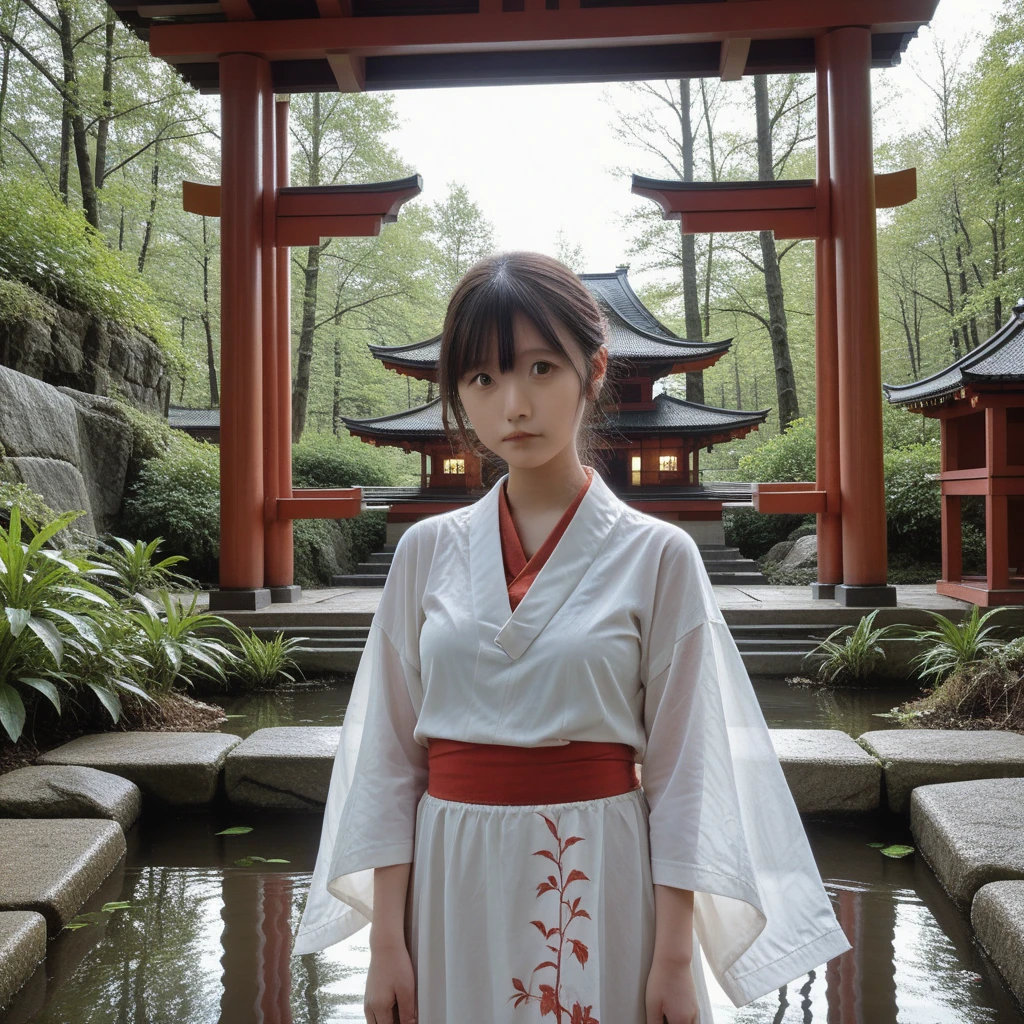 A mystical scene featuring a traditional Japanese shrine maiden (miko) in her ceremonial outfit, gracefully bathing in a hot spring. The translucent steam rises around her, softening the edges of the scene and creating an ethereal glow. Her white and red ceremonial robes cling slightly due to the moisture, but maintain their elegance and modesty. The light dances on the surface of the water, emphasizing her serene and timeless beauty. The background features lush greenery and stone lanterns, completing the sacred and tranquil atmosphere.",score_9, score_8_up, score_7_up, score_6_up (masterpiece, best quality, photo realistic:1.3) (soft brightness,high saturation,high contrast) professional lighting, reality-based, best quality, ultra-detailed, high resolution, extremely detailed CG, unity 8k, wallpaper, novel illustration, by famous artist, textile shading, super detailed skin, perfect anatomy detailed, dynamic angle , cinematic lighting, dynamic lighting, (High saturation, low brightness , vivid color,Matte paint,sharpness:0.7) japanimation,Line drawing, animated painting (6-headed:1.2,squinting,(Japanese idol,porn actress,cosplayer,cute girl,1girl:1.5) , 