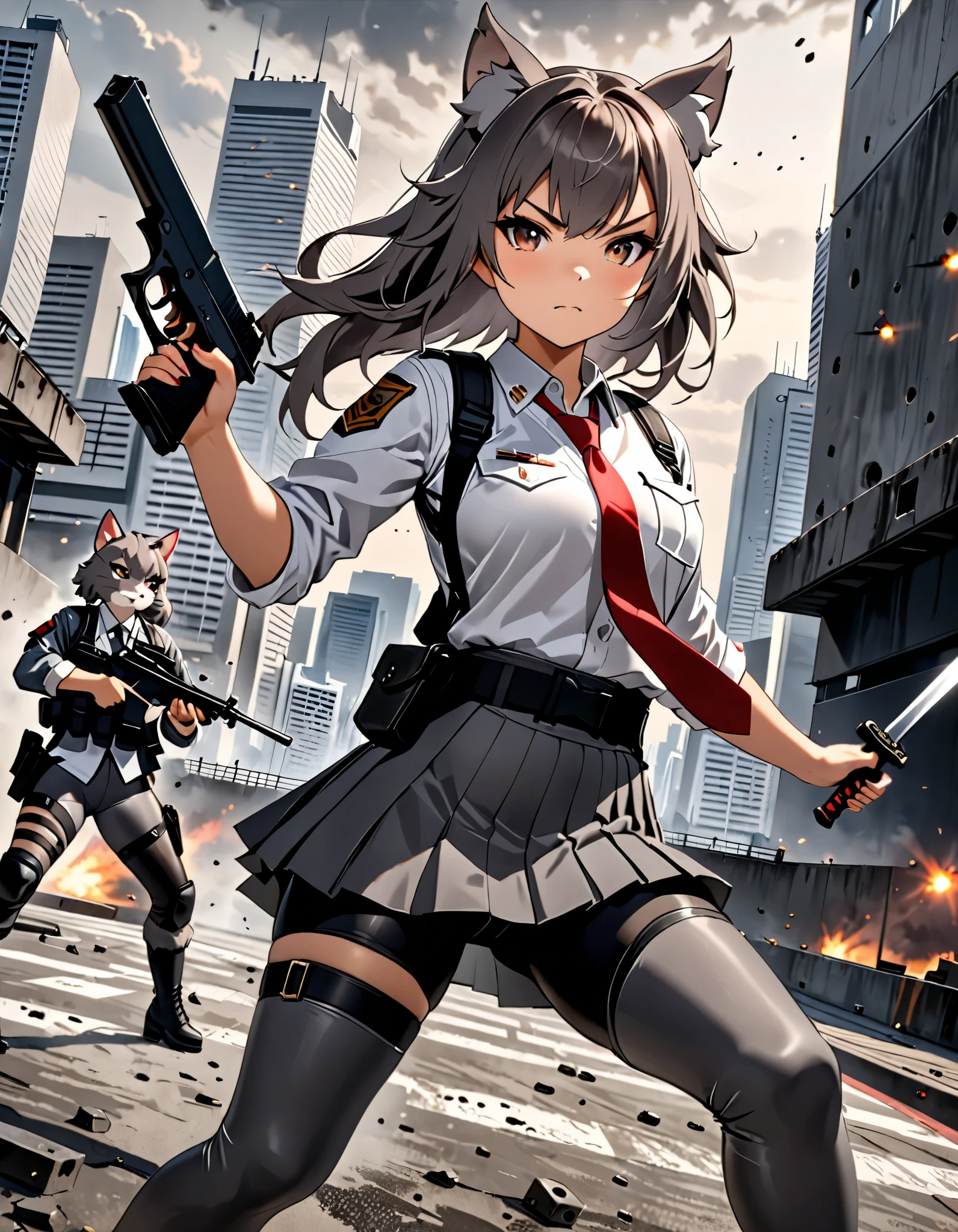 masterpiece, best quality, high res, 4k, 8k, solo focus, 1girl, female samurai, Japanese military officer, (catgirl:1.2, furry ears:1.2), college-aged female, long hair, back hair, hair ornament, white-collared shirt, red necktie, shoulder holster, pleated skirt, side slit, (full dark grey leggings:1.4), (biker boots, high heels), holding katana sword in one hand and holding a glock22 pistol with another, aggressive battle stance, Tokyo skyline, wharf, a military helicopter hovering above, concrete ground riddled with bullet holes, dutch angle, intense atmosphere, intense expressive. action shot.