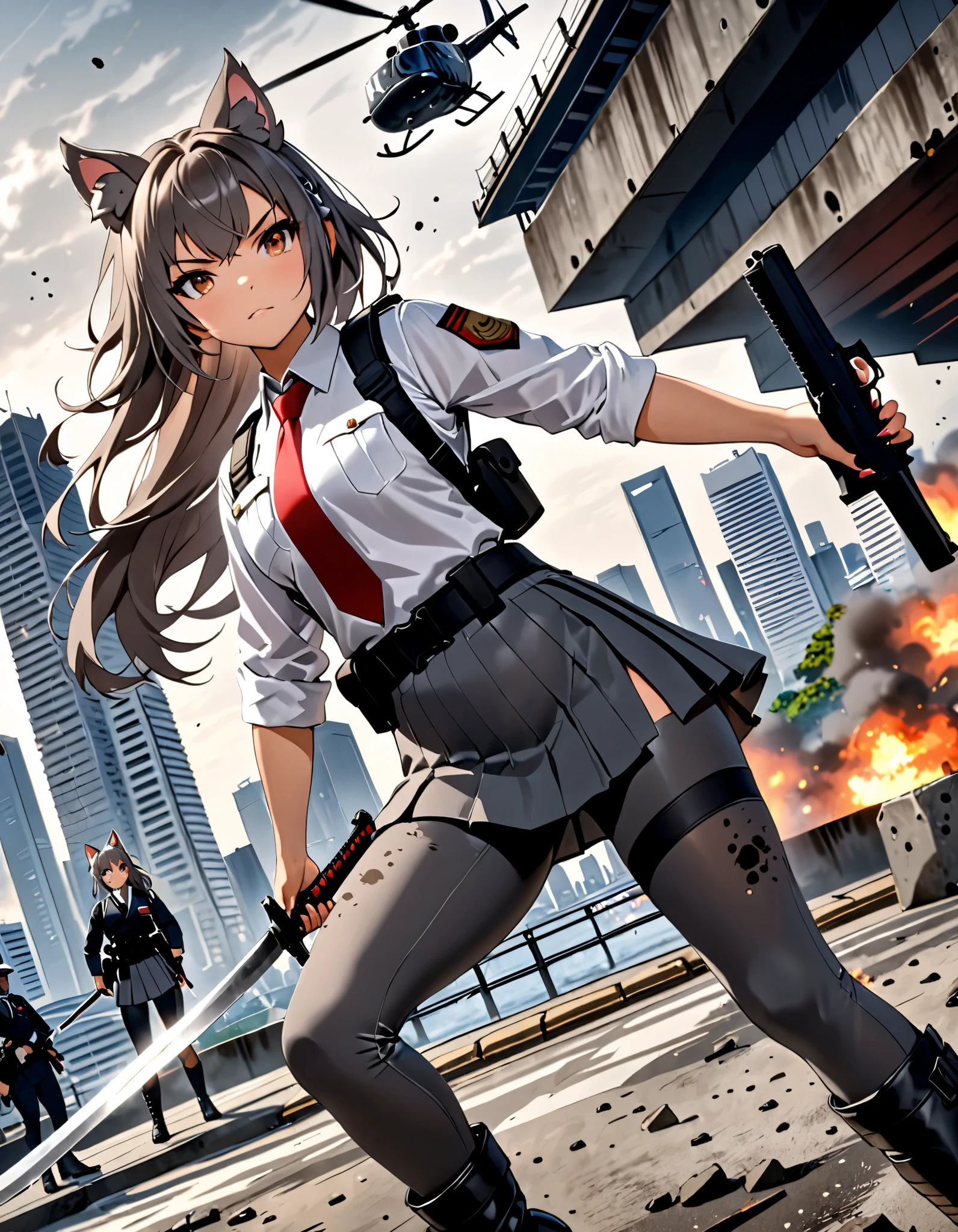 masterpiece, best quality, high res, 4k, 8k, solo focus, 1girl, female samurai, Japanese military officer, (catgirl:1.2, furry ears:1.2), college-aged female, long hair, back hair, hair ornament, white-collared shirt, red necktie, shoulder holster, pleated skirt, side slit, (full dark grey leggings:1.4), (biker boots, high heels), holding katana sword in one hand and holding a glock22 pistol with another, aggressive battle stance, Tokyo skyline, wharf, a military helicopter hovering above, concrete ground riddled with bullet holes, dutch angle, intense atmosphere, intense expressive. action shot.