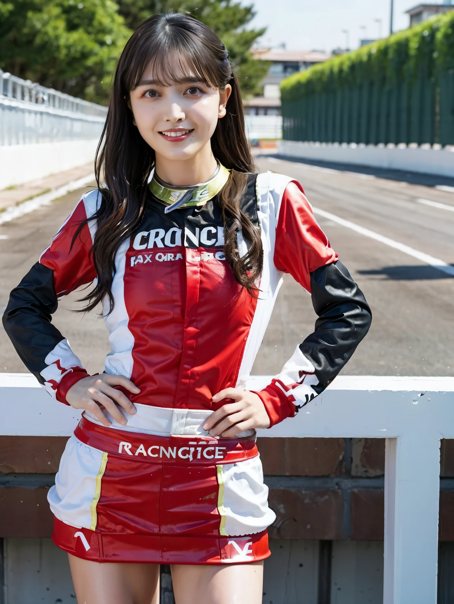 (masterpiece, best quality , best quality , Official Art, beautiful、 beautiful:1.2), ,(RAW 写真 best quality :1.1),( one girl outside running), High Resolution , very detailed, Ultra-precision performance, Alone, Floating Hair, Glowing Skin,Asymmetrical long hair, (:1.2), perfect body, slender body, is a smiling face, standing with her hands on her hips、 Miniskirt, thighs, viewers, ( race queen:1.8),,Nogizaka46