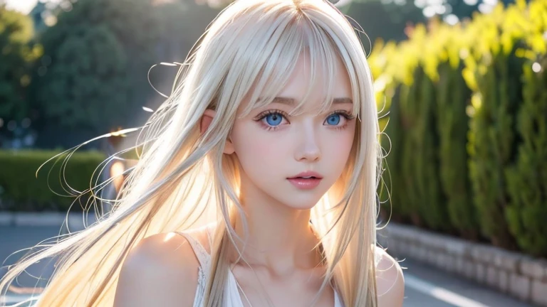Sexy fresh appearance perfect beautiful cute pretty girl、Long bangs above the eyes、Long blonde hair in the center of the face、Super long blonde straight silky hair、Blonde hair flowing over a beautiful face、Very cute beautiful sexy young little woman、very perfect beautiful cute face、Beautiful clear cute light blue big eyes with fluttering blonde hair、Huge bright eye highlights、small face beautiful girl、cheek gloss highlight、white beautiful skin、round face