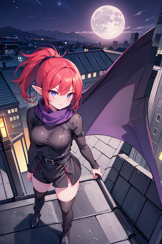 masterpiece,  best quality ,((1 female ninja, slender,Elf, putting one hand on the waist )), Dark Blue Eyes , medium breasts, (( red hair, short hair, ponytail)), black boots ,((windswept purple scarf, black leotard,Purple belt around the waist, black thigh high socks)),((((Night City,Standing on the roof of a building))), thin eyebrows on boots, white skin,Moon in the background,Low angle,smug face