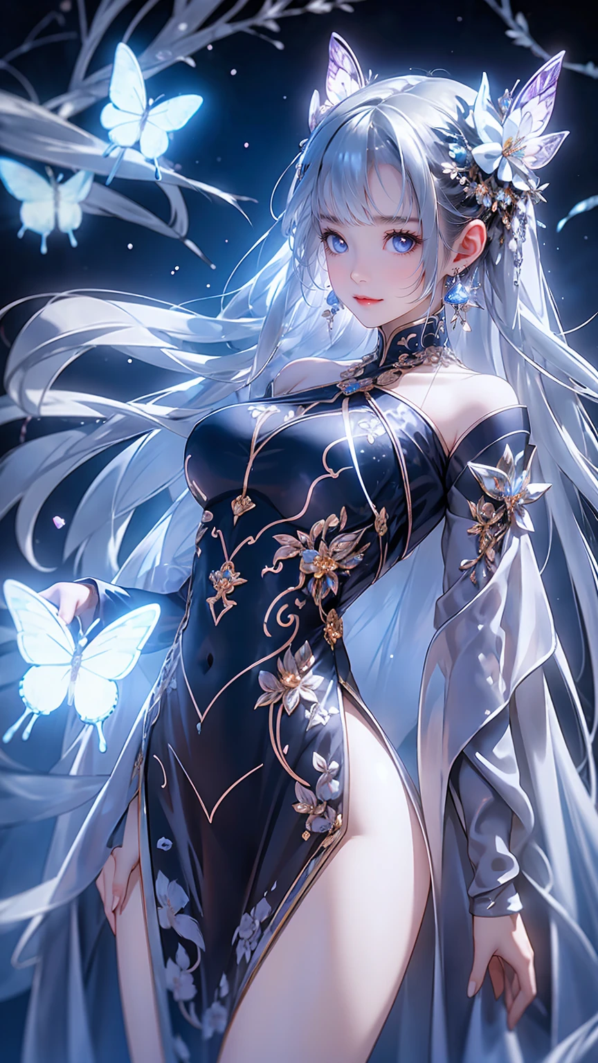 One woman,Long dress_blue,hair_semi-long,巻きhair,hair_blue,eye_light blue,Lady,full moon,A lot of butterflies are fluttering_green,diamond shaped earrings_light blue,Sitting,