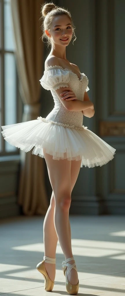 ballerina, A beautiful swan-like figure, (Highest quality,16K,Highest Resolution,Tabletop:1.2),Very detailed,(Realistic,Realistic,Realistic:1.37), flexible legs, 23-year-old woman, Random hairstyle, Accentuate your waistline, Light background, Flexibility is key, Sheer lace ballet suit, White Pantyhose, Pink tutu, Demonstrates leg flexibility, Sheer lace ballet skirt,