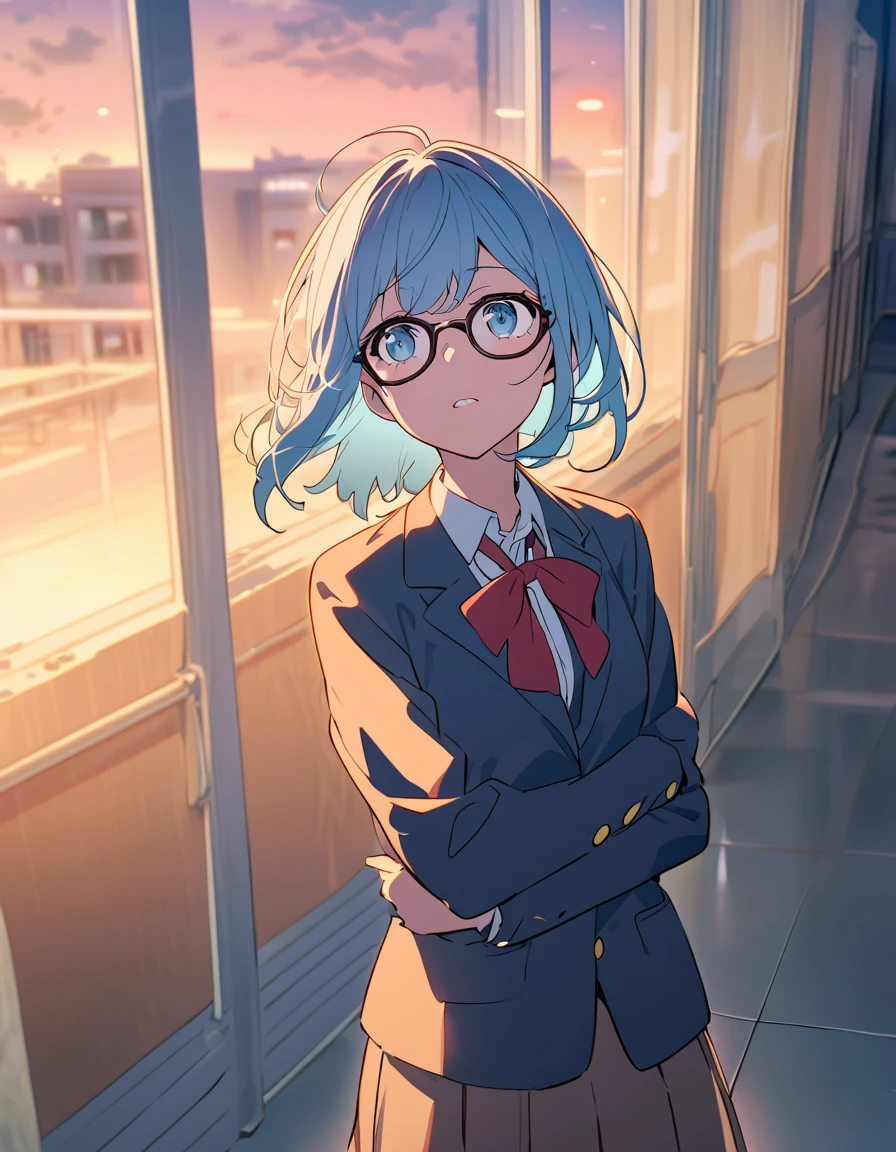  high school girl（One person、 light blue hair with a slender body、 Side Pony、school uniform、 blazer、Glasses）、School corridor、 looks up、 cross your arms behind your back、evening