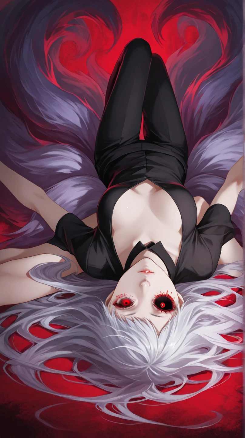 Black full body suit Red lines all over the body 3 year old girl seductiv a smile succubus Lying face down