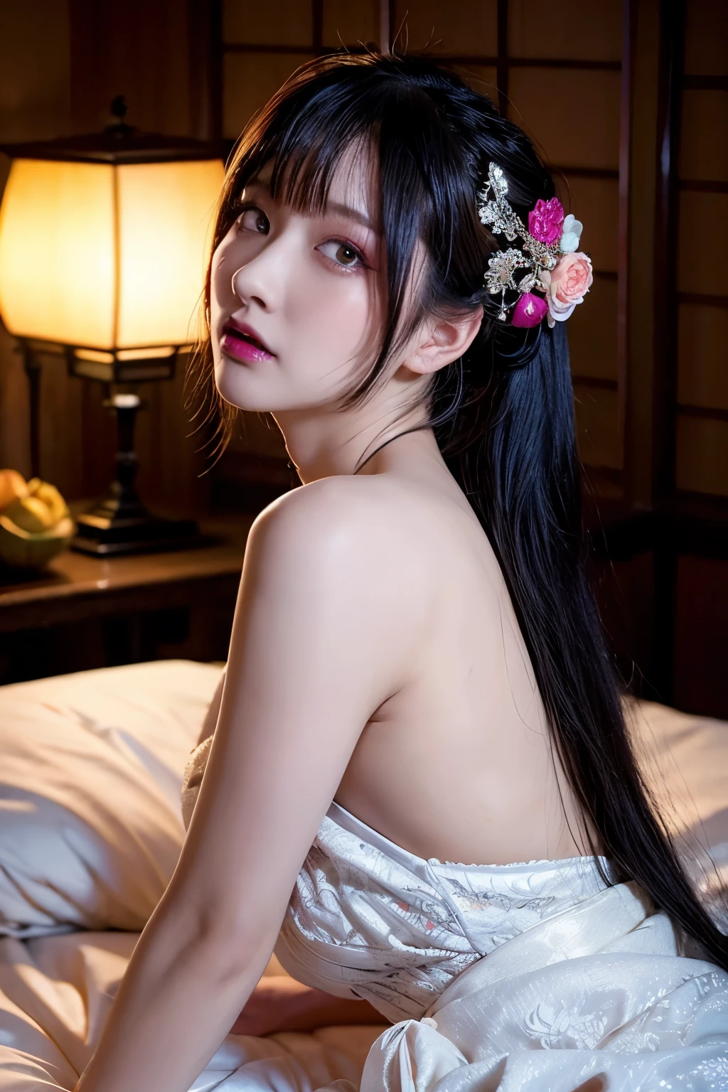 an elegant courtesan, in a lavish brothel room, lying face down at the futon, dim light, folding screens, warm lantern lights, wearing traditional Japanese hairstyle adorned, with ornamental hairpins and flowers, long length shiny black hair, hair is shaggy and dishevelled, looking up from below, gaze of temptation, blank look, mouth is open a little, slendar figure, beautiful white-colored translucent skin, refined sensuality, captivating presence, adult sexiness, alluring, wearing nothing, exposed her back to butt, undressing, not wearing any underwear, heavy and vivid makeup, shot from directly above, {realistic}, {cinematic}, {photogenic}, {detailed rendering}, {cinematic lighting}, {vibrant colors}, {photorealistic}, {best quality}, {8k}, {hyperdetailed}
