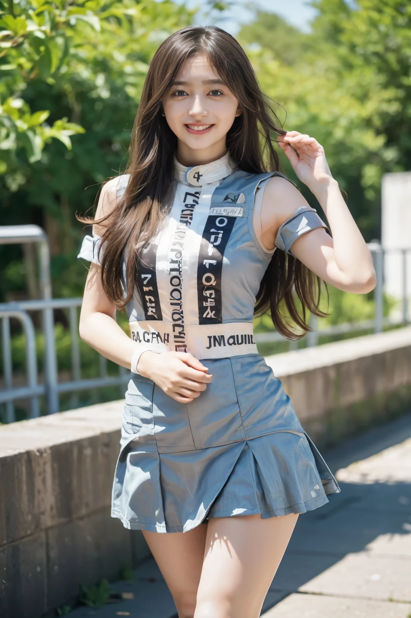 Angelic very beautiful cute young girl,
Beautiful detailed eyes, 
Detailed double eyelids,
(Soft Saturation: 1.3), 
(Fair skin: 1.3),v-line jaw,
(Large eyes:1.4),
Long straight brown hair, 
see-through bangs,15yo student,
Sharp Focus,
beautiful detailed face and eyes, 
drooping eyes,
small straight nose,
small mouth, 
happy smiling with visible teeth, 85mm lens, F/8.0,BREAK (Super shiny holographic white and metallic blue maid costume :1.3),Walking,Brown hair ,(Costumes with strong reflective surfaces:1.3),
(Best Quality:1.2),(Maid costume:1.5),
Raw photo, 
High resolution, 
perfect  detail, 
Professional Photography, 
Professional Lighting,
Powerful lighting of the costume,In the street,break  (lift the skirt:1.5),(panty:1.5),(skirt lift:1.5),(lift apron:1.4)