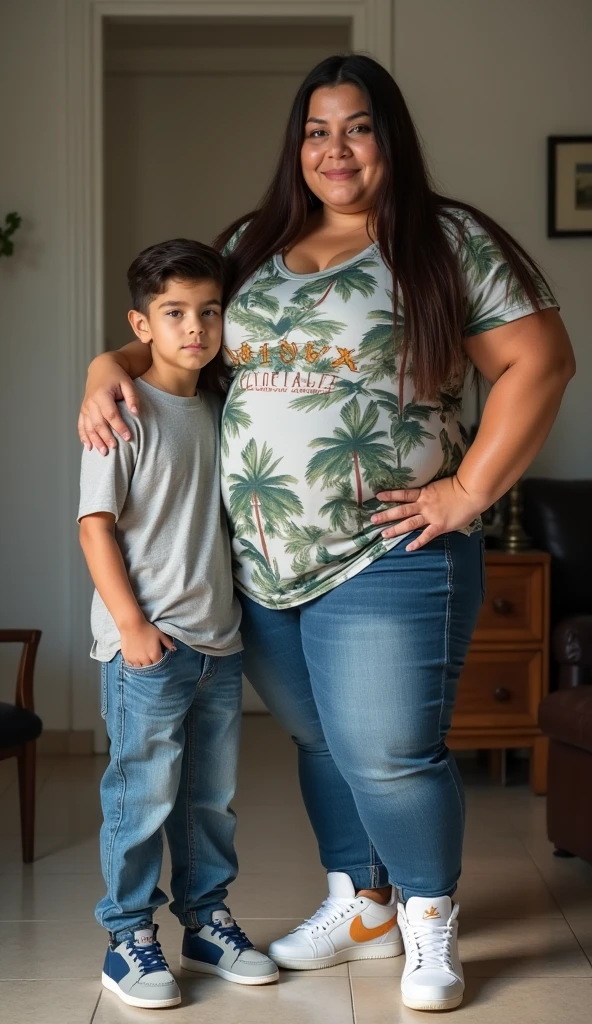 portrait of a big woman in scalloped shorts, standing with one little boy (1 boy) in shorts,  woman has big breasts,boy grabbing the woman, realistic, high detailing, hyper-realistic, 8k (( boy grabbing woman' waist)) , sexual pose,  pose, big boobies, cleavage
