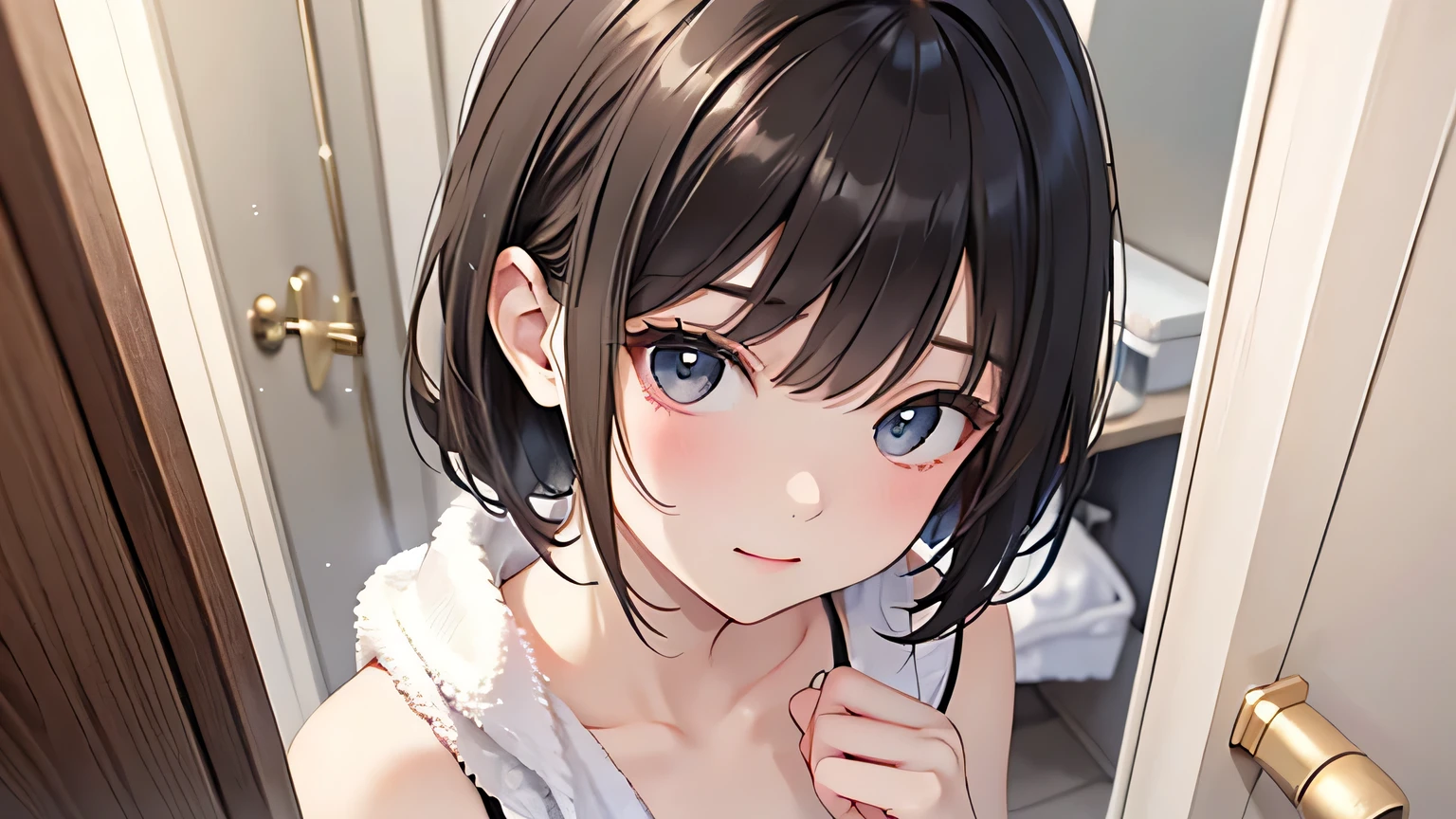 A small, simple bathroom foggy with steam. A dark-haired girl is standing just outside the bathroom door holding a towel. She has a playful mischievous look on her face, wearing white underwear. I have