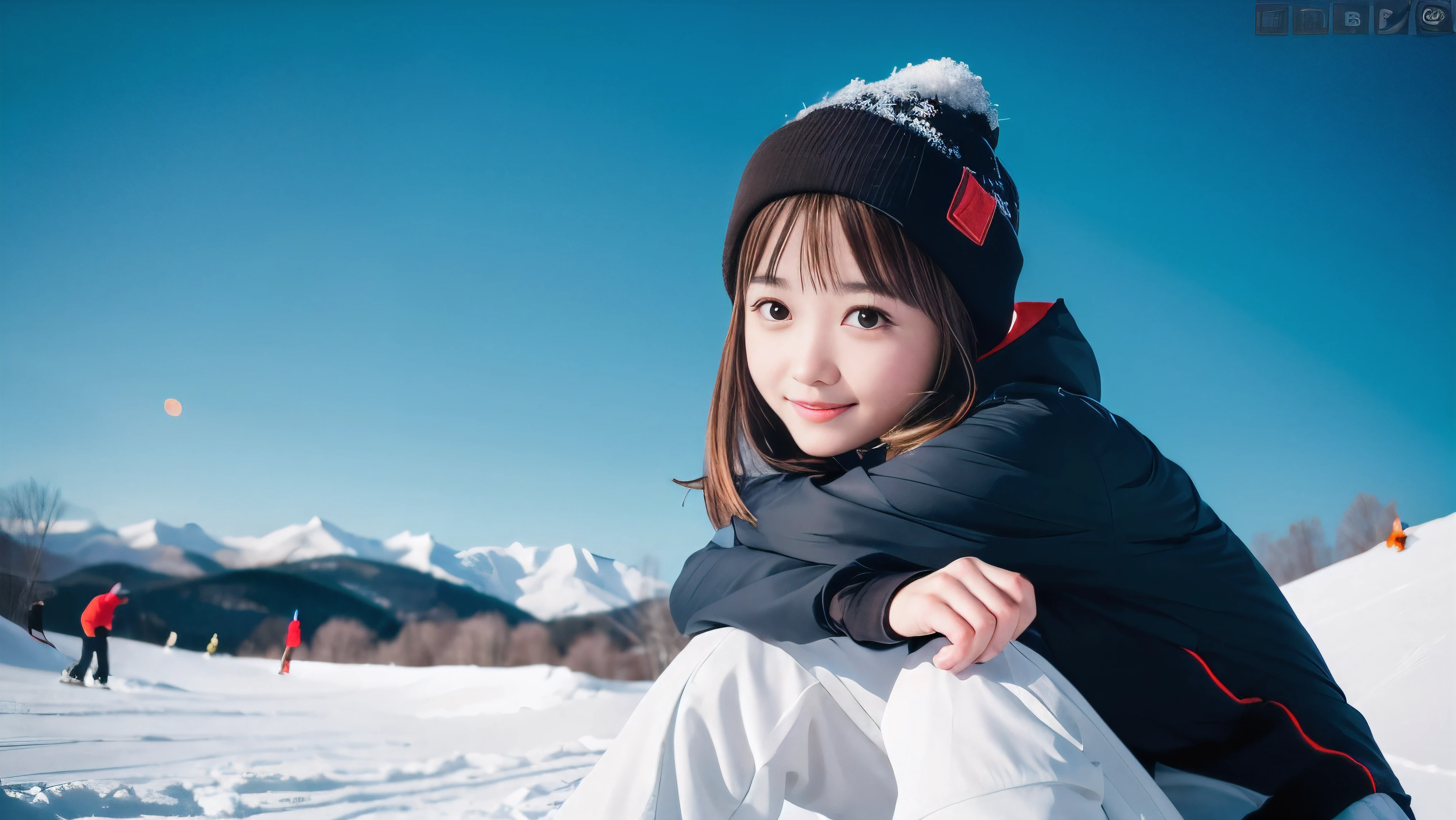 (Face shot of one slender small breasts round face brown short hair with bangs girl in long sleeve and long pants colorful snow board wear without logo:1.5)、(One girl is looking over there with small smile:1.5)、(Snow Ski Garden:1.5)、(Beautiful sunset red sky 1.5)、(blurred background:1.5)、(Natural light:1.5)、(8k ultra detailed master piece:1.5)、(perfect anatomy:1.5)、(Photorealistic stick:1.5)、(Raw photo:1.3)、(highest quality:1.5)、(High resolution:1.3)、(Delicate and beautiful perfect face:1.3)、(Delicate and beautiful eye air skin:1.3)、(Real Human Skin:1.3)、((thin legs))