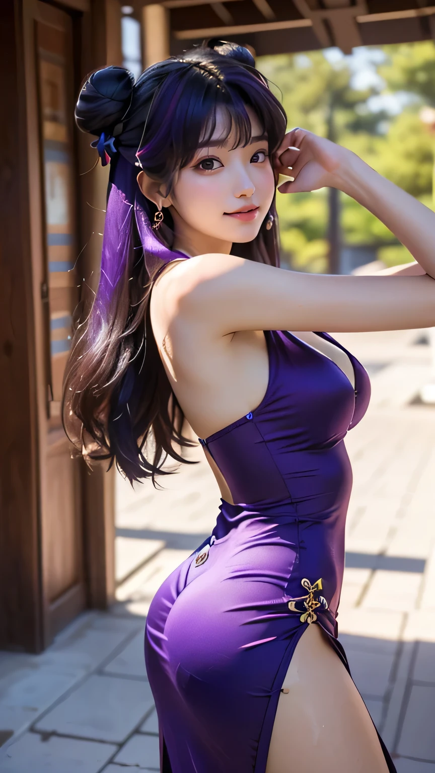 ((( best quality ))), (( masterpieces )), ( Details), ((Alone)), ((((((ShampooDef,purple eyes, purple hair, Hair Bun, bell, double bun, jingle bell, long hair, breasts, blush, smile, bangs, hair ornament, bow, sidelocks, shampoo (Ranma 1/2), dress, Chinese clothes, red china dress, xuer Shampoo,shampoo \(Ranma 1/2\) )))))), ((( slender body:1.4, Big Breasts, cleavage in years:1.1 ,Slim waist, big ass,Wide ass, thick thighs, Thin legs))),( cameltoe , camel toes), (( Glowing Skin , white skin, Glowing Skin )), Mysterious Light, ((( Girl with a well-groomed face ))), (( big eyes)), ((((((Droopy eyes)))))), (((( Exact Anatomy )))), Completely-valid , Eye Shadow, Single Earring for Women ,((( random sexy pose, random angle ))),