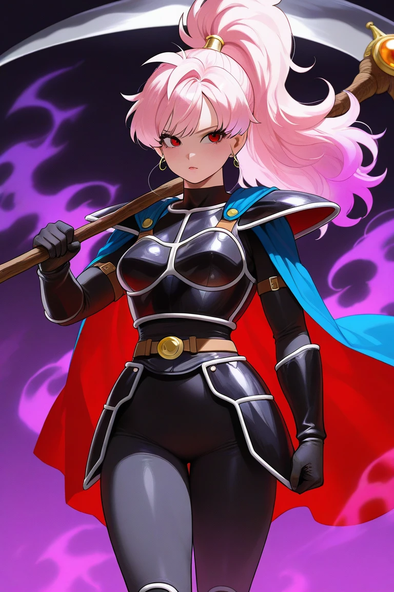pink hair,female,20s,bob cut,skimpy armor,metal bikini,gauntlet,cape,helmet
