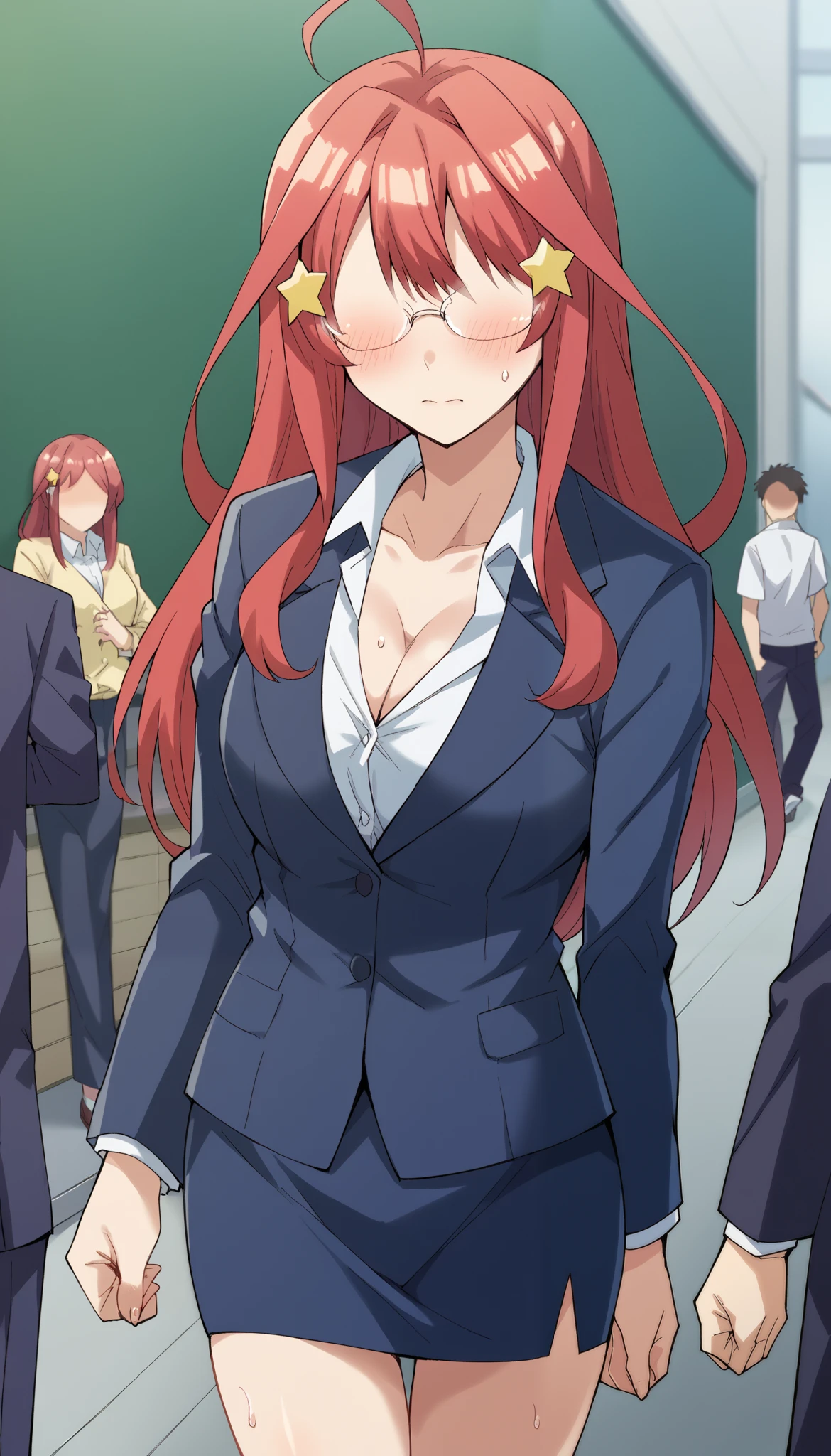 score_9, score_8_up, score_7_up, source_anime,
itsukinakano, itsuki nakano, (faceless girl:1.5), bangs, ahoge, red hair, long hair, star \(symbol\), hair ornament, star hair ornament, mature female, glasses,
business suit, ultra micro mini skirt, (torn skirt), white shirt, cleavage, large breasted, cleavage out, embarrassed blush, school, corridor, ((walking)), cold sweat(1.2),(lasciviously), (embarrassed blush), 顔が俯いている,
school, looking at viewer, cowboy shot, multiple male, dutch angle, 