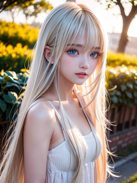 Beautiful white and shining skin, 3 Up, Unparalleled beauty, Bright, refreshing and gentle expression, Perfect beautiful cute face shining baby blonde silk super long straight hair, Beautiful shiny bangs, A very beautiful and beautiful 17 year old girl, Eyeliner, Very perfect and beautiful cute big clear sky blue eyes