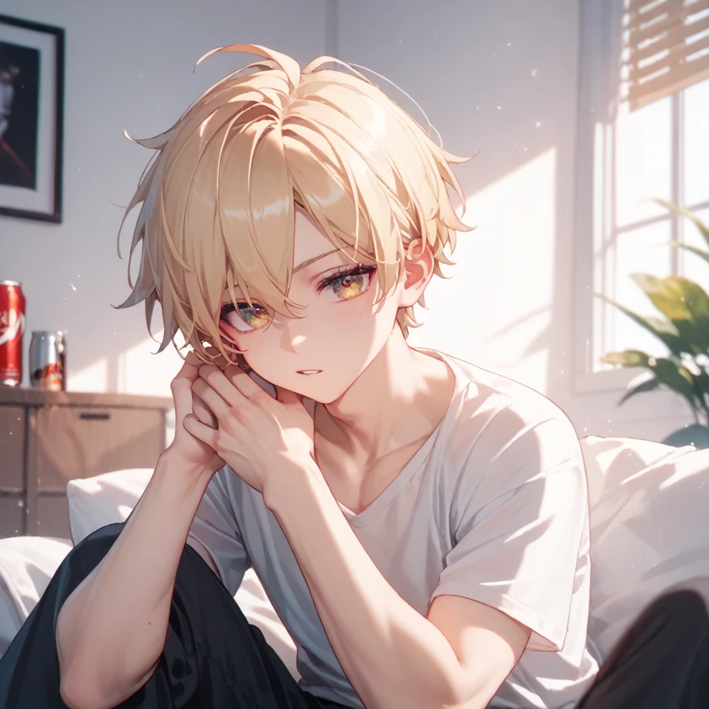 1 boy , cute cat guy, blushing, short hair , blond , fluffy hair, sit down , cute , submissive, white shirt, shorts, collar , spread legs, bulge / dick , best quality 