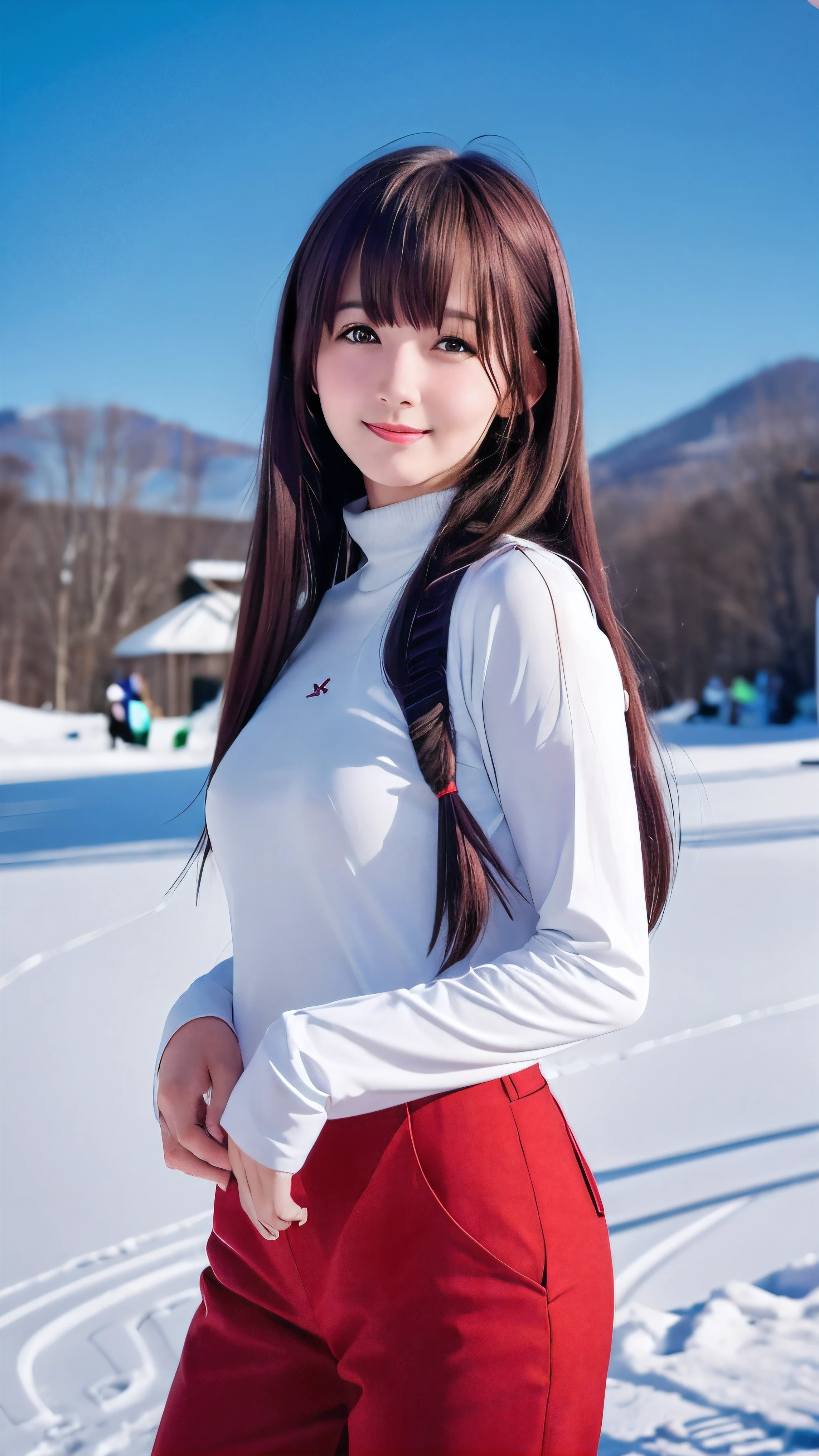 (Face shot of one slender small breasts maroon twin tailed long hair with bangs between eyes girl in  long sleeve and long pants colorful snow board wear without logo:1.5)、(One girl is looking over there with small smile:1.5)、(Snow Ski Garden:1.5)、(Beautiful sunset red sky 1.5)、(blurred background:1.5)、(Natural light:1.5)、(8k ultra detailed master piece:1.5)、(perfect anatomy:1.5)、(Photorealistic stick:1.5)、(Raw photo:1.3)、(highest quality:1.5)、(High resolution:1.3)、(Delicate and beautiful perfect face:1.3)、(Delicate and beautiful eye air skin:1.3)、(Real Human Skin:1.3)、((thin legs))