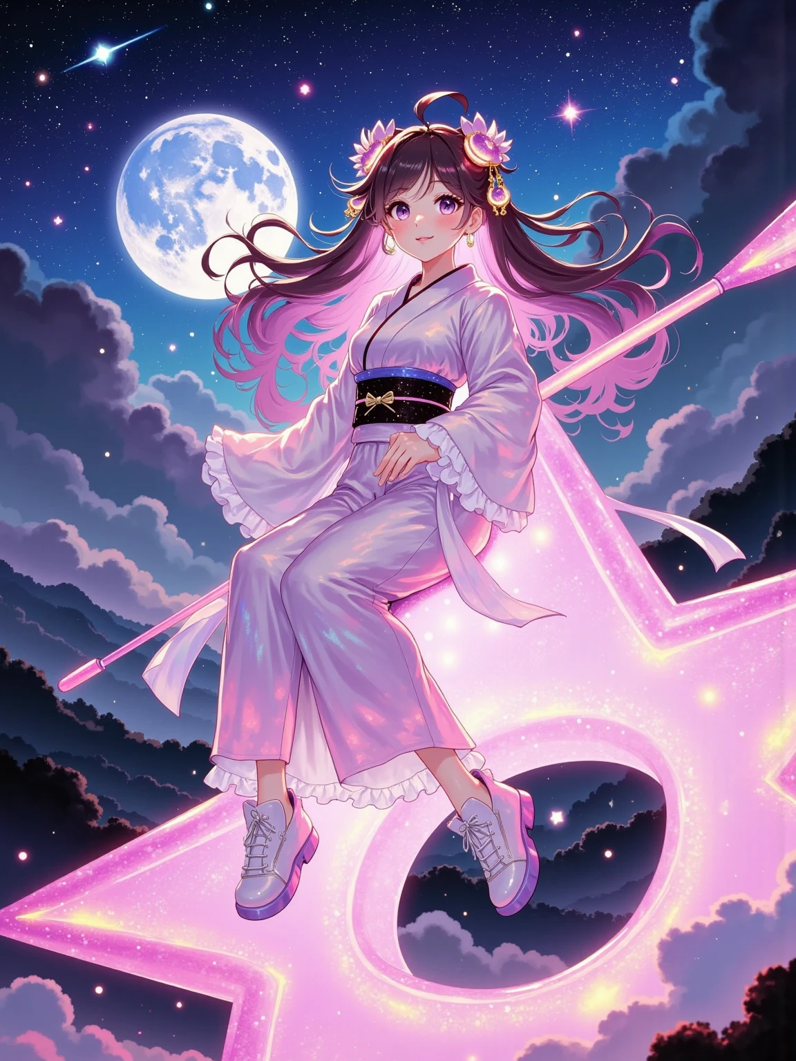  watercolor， large-scale smudging ，Gradient，illustration， Artwork ， solid color background ，cute， mature，Chinese style，gorgeous，grace，Creative ，Tempting，pride，Single girl，Chinese clothing，Liquid silver and pink ，Cyber Style， dressed in a pink kimono ， Cyberpunk城市，Dynamic posture，glowing headphones， glowing hair accessory ， long hair，Glowing earrings， glowing necklace ， Cyberpunk，高science and technology城市， full of mechanical and futuristic elements，Futuristic，science and technology， glowing neon ，Pink Lights，Transparent Tulle，Transparent ribbon，laser， digital background city sky ，Big Moon， with means of transportation ， Best Quality， masterpiece，8k，Character edge light ， super detailed ， high quality ， the most beautiful woman on earth ，Smile， symmetrical face ，Ear antenna ， beautiful pupil lighting effect ，Visual Data， single-handed naginata ，Sexy，charming， uniform color scheme ，Artistic，High-end， painting design 