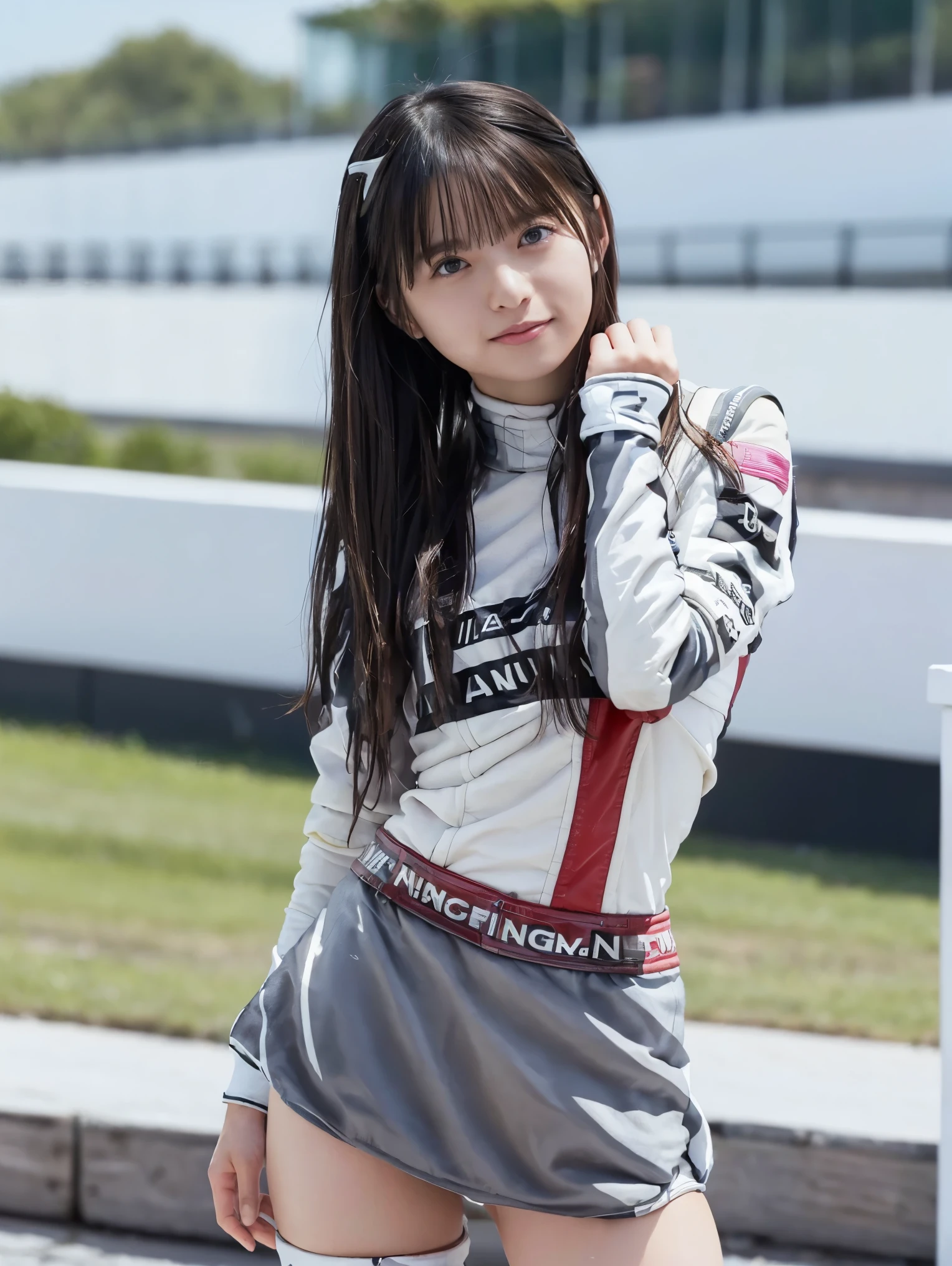(masterpiece, best quality , best quality , Official Art, beautiful、 beautiful:1.2), ,(RAW 写真 best quality :1.1),( one girl outside running), High Resolution , very detailed, Ultra-precision performance, Alone, Floating Hair, Glowing Skin,Asymmetrical long hair, (:1.2), perfect body, slender body, is a smiling face, standing with her hands on her hips、 Miniskirt, thighs, viewers, ( race queen:1.8),,Nogizaka46