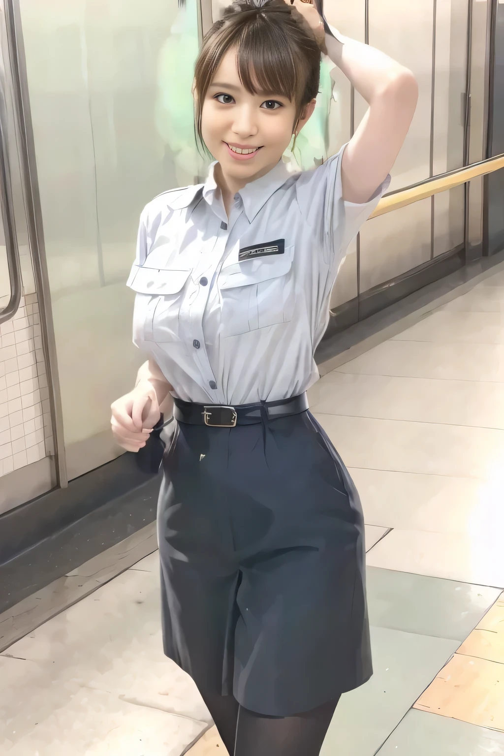 (Masterpiece:1.2, best quality :1.2), 32kHDR, High Resolution , (Alone、 1 girl)、(Rooftop of a building during the day、 professional lighting)、Building rooftop background、( TOKYO SUBWAY WOMAN CREW UNIFORM REAL STYLE WOMAN CREW UNIFORM 6 )、(TOKYO SUBWAY WOMAN CREW UNIFORM BLOUSE SHORT SLEEVE 、 Knee-length culottes skirt、Waist belt)、、 dark brown hair 、( hair gathered、 hair bang)、 dark brown hair 、Long Hit、 big breasted、Thin legs、(( amazing hands:2.0)),((harmonious body proportions:1.5)),((Normal limbs:2.0)),((Usually refers to:2.0)),(( Delicate Eyes:2.0)),((Normal eyes:2.0)))、smile、(Tokyo Subway woman crew uniform Knee-length culottes skirtを見せた美しい立ち姿) 、Hands crossed underneath
