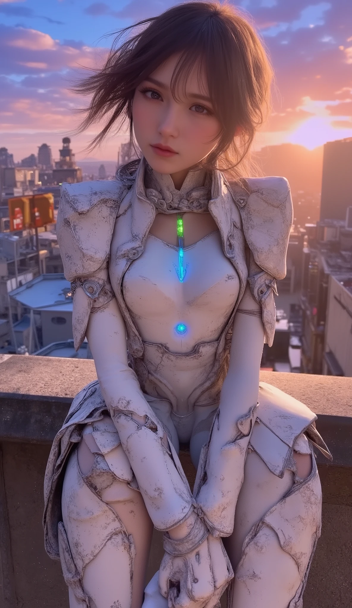 Anime girl sitting on ledge with city in background - SeaArt AI