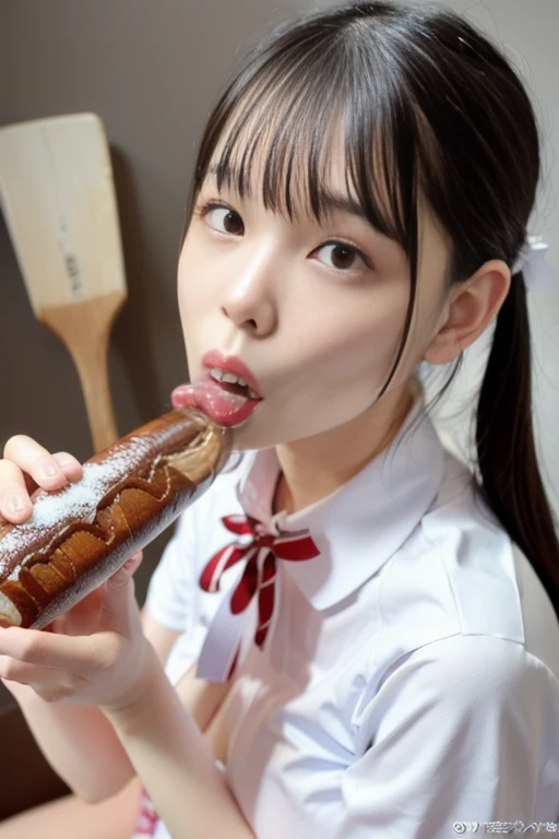 masterpiece, best quality, intricate details, extremely detailed, cinematic lighting, solo, 1girl, a 16yo Japanese schoolgirl, White skin, (oral, blowjob, deepthroat, french bread in hand, shovel a big sausage into mouth, fully open mouth:1.4), (large breasts, ), dark hair, twintail hair, cute face, extremely detailed face, beautiful detailed eyes, sophisticated nose, pale skin, fine-textured skin, shiny skin, photo background, tokyo, deep throat, school uniform,