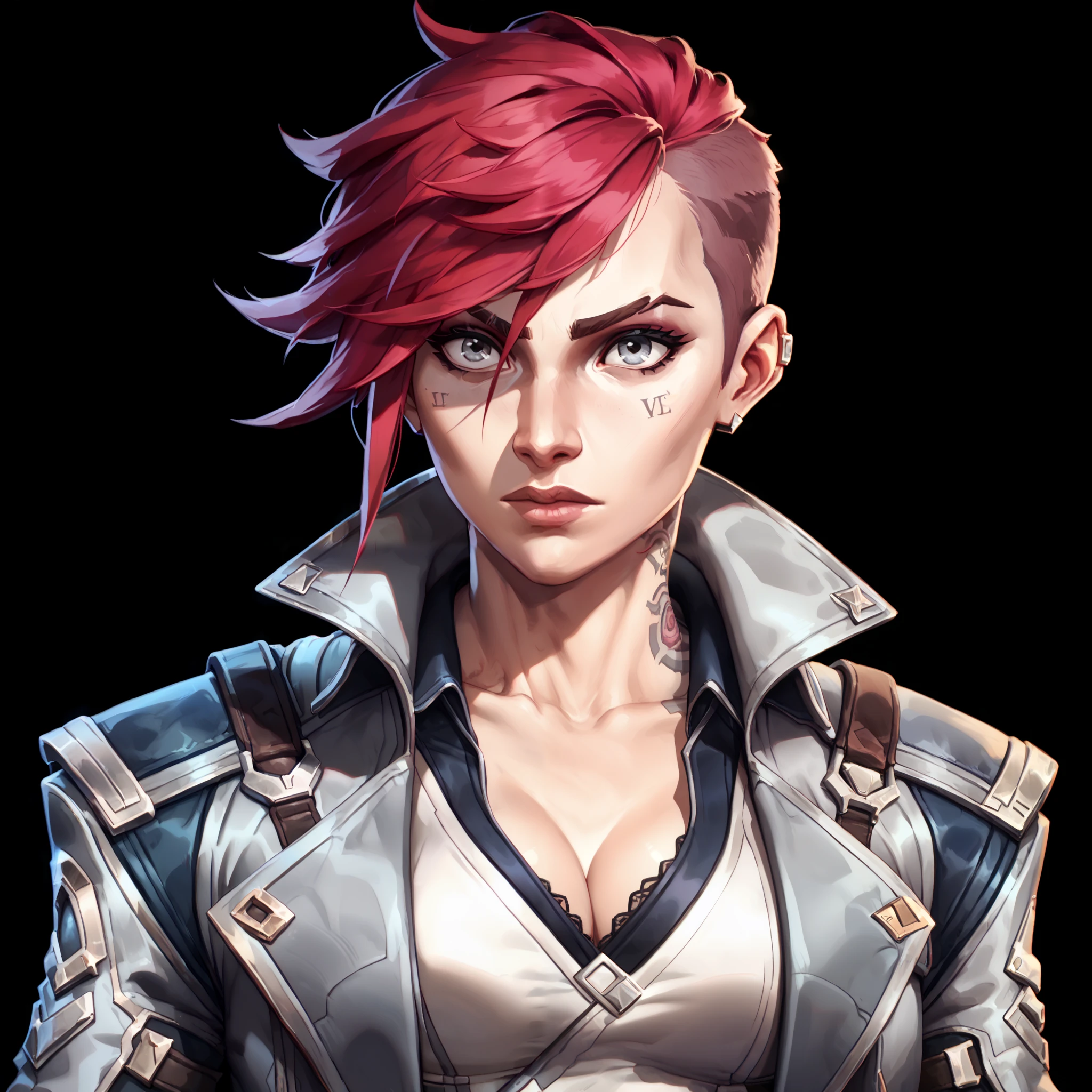 one woman, vi from league of legends, (grey eyes:1.2), short hair, red hair, (upper body:1.3), (black background, clear background:1.5), (grey military jacket:1.2), (studio lights, deep shadows:1.3), (big chest:1.2)