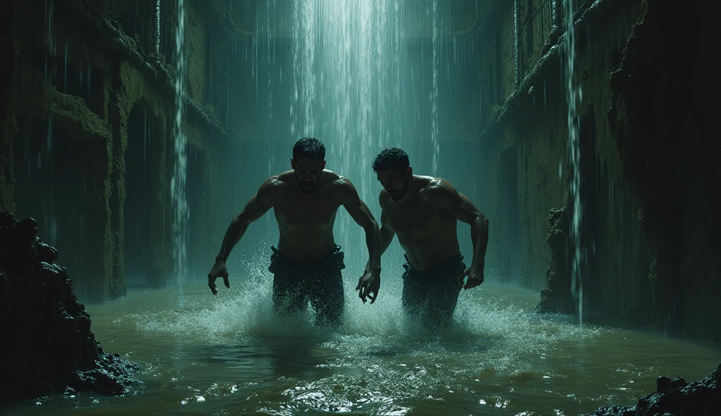 A dark limestone cavern, green lighting, shoulders hunched, head bowed, sweat dripping from his face, standing as if about to collapse, a naked Superman in white briefs standing with a pained and pitiful expression on his face, a middle-aged man, solidly-built, mouth open, eyes wide open, black hair with white sides, iron bars on this side, businessmen looking on from outside