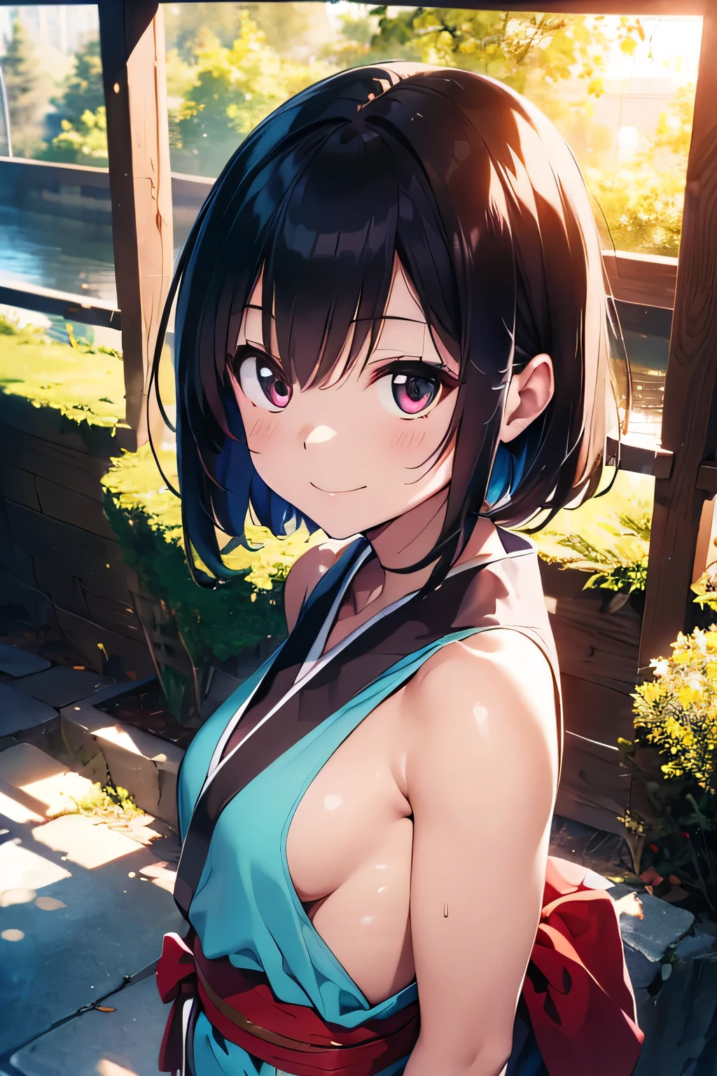 (extremely high quality artwork), (extremely detailed CG 8k), (masterpiece) ,(extremely cute girl), short, (innocent face), ((innocent smile)), shiny hair, (slim body), (small breasts), ((finely detailed beautiful eyes)), (eyes with brightness), look at viewer, ((nsfw)), ((japanese kimonos)), ((side boob)), ((no bra)), (((lower body is completely naked))), (((no panties))), beautiful skin, pale skin, shiny skin, (bright color), vibrant colors, natural light, (glare), outdoors, uninhabited forest,
