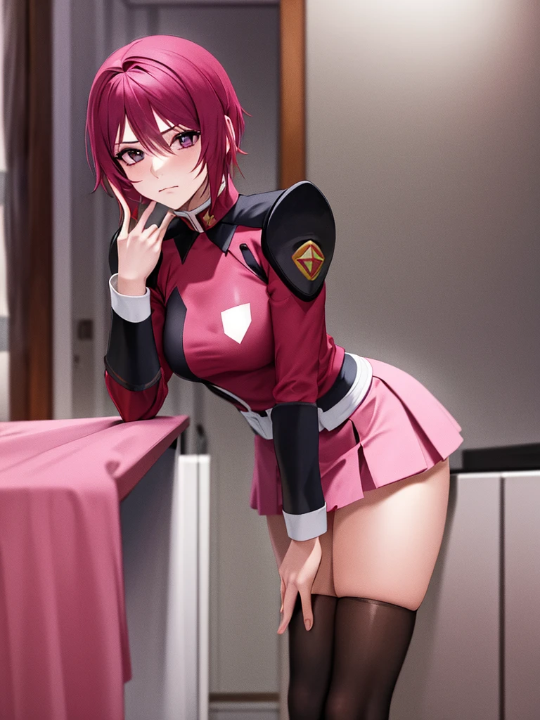 (photorealistic:1.5, highest quality,masterpiece,High resolution,muste piece),snow mountainに立つ1人の23歳の女性,bondage,(red mini skirt,Red combat uniform,choker,knee high socks), detailed eyes:1.7,detailed eyes:1.8,beautiful skin:1.8, (looking at the camera:1.2),(Photo seen from below:1.3),(Medium Hair:1.2,bright pink hair:1.5), expression( Shy Smile:1.3,blushing:1.3),Pause( Seductive pose:1.5),heart mark,Heart-shaped,background(snow mountain:1.5,ruins,apocalyptic world),(Medium chest,slender, abs:1.2), (Underwear visible through clothing),(Butt visible through clothes),(detailed perfect face),normal hands:1.5,normal finger:1:5,normal feet:1.5,(cameltoe)