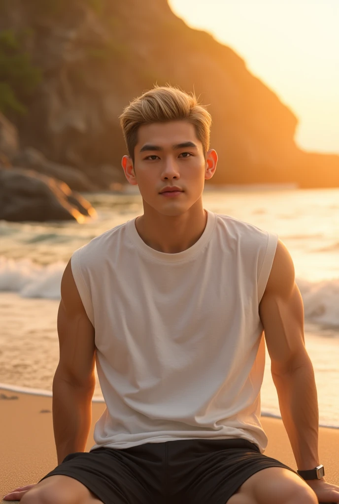 young Thai man, short and neat blonde slicked back hair, realistic skin, white sleeveless t-shirt, black shorts, sunset, beach background with waves and big rocks, Instagram photo style, sitting