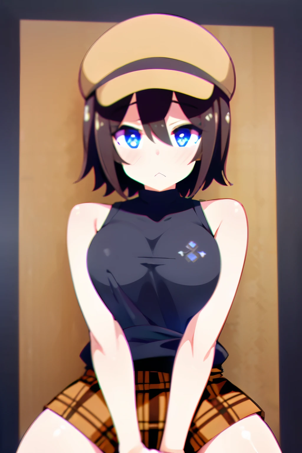 ( 1 girl, Middle-Aged Man 1 ,)、 blue eyes, review, short hair , Brown hat, tea hair, black sweater that has been hit , sleeveless turtleneck , brown plaid skirt , A girl is being held by a middle-aged man, Love Hotel ,whole body