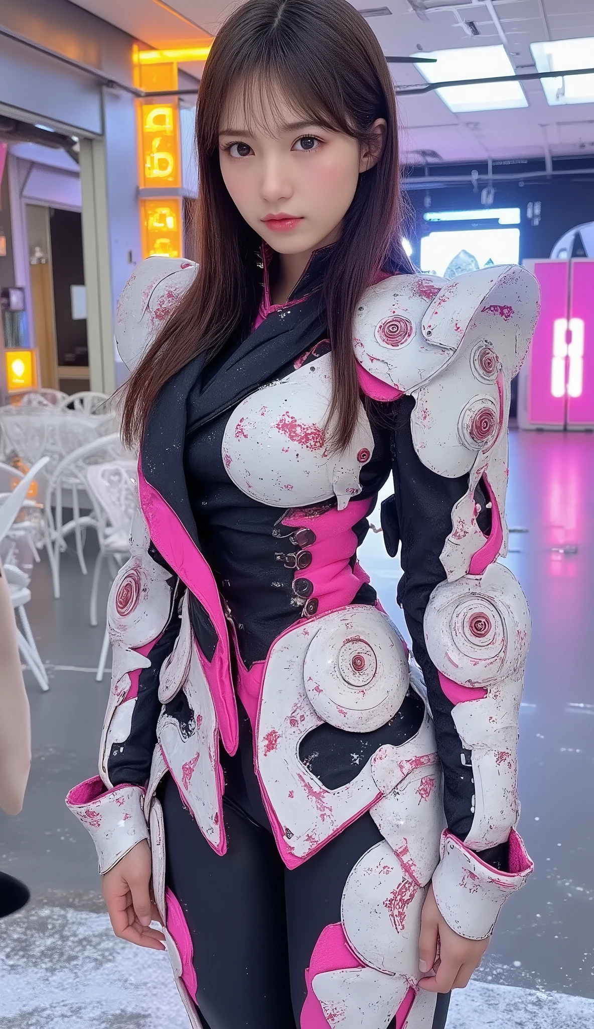 Beautiful Iron Man,Angelic countenance,Full body portrait,the long flowing blue hair,big eyes,Flashing pupils,shy,Blush,Smile,Delicate depiction of the face,Wearing a pink skirt with Black pantyhose,Wearing high heels,Cyberpunk,Night,Hyperrealism,Neon Street,Ray Tracing,masterpiece,Pixel Perfect,make a fist,Delicate hand engraving,Light and Shadow,Sweat,Finely drawn Model: Day Man 2, Hires upscale: 1.5