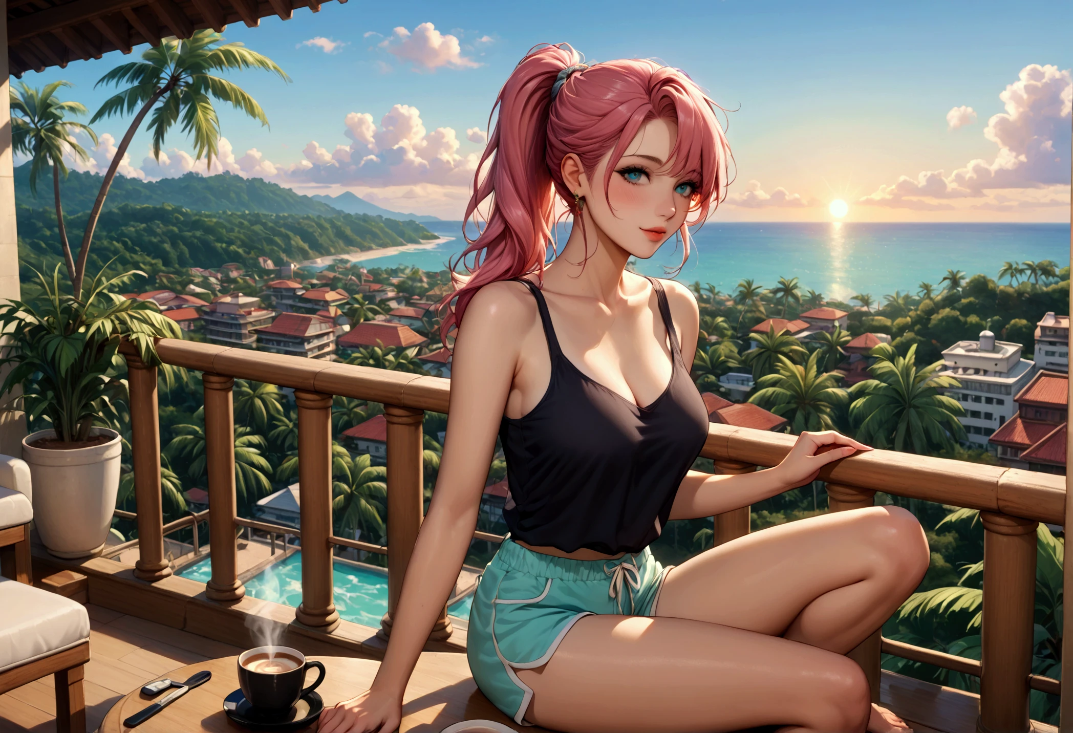 "A woman med with pastel green and pink hair tied in a ponytail sits barefoot on a bamboo chair on a rooftop balcony overlooking a tropical island. She is dressed in a black tank top and loose beach shorts, typing on her laptop. A cup of coffee sits nearby, and the distant sound of waves reaching the shore blends with the gentle rustling of palm trees. The sky above is filled with stars, and the warm glow of lanterns on the balcony adds to the peaceful, island-night ambiance."