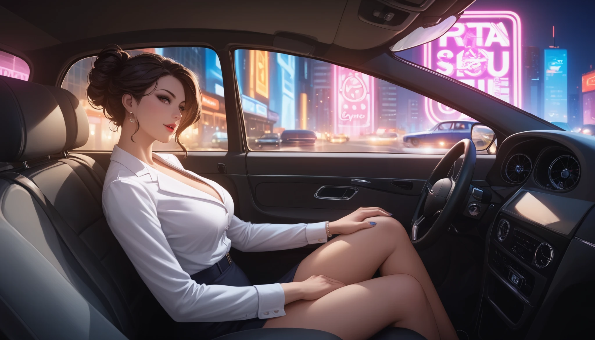 "An anime-style illustration of a woman sitting inside a classic car, positioned in the driver's seat. She is wearing an elegant office outfit with a professional yet stylish look. Both hands are gripping the steering wheel as she drives through a vibrant cityscape, visible through the windows. The city outside is filled with glowing neon signs, high-rise buildings, and soft evening lights, creating a dynamic urban atmosphere. The character has a composed and determined expression, her posture matching the intensity of her focus. The interior of the car reflects vintage design details, complementing the overall aesthetic. The lighting is soft, with a balance of interior car shadows and the glow of the city outside."