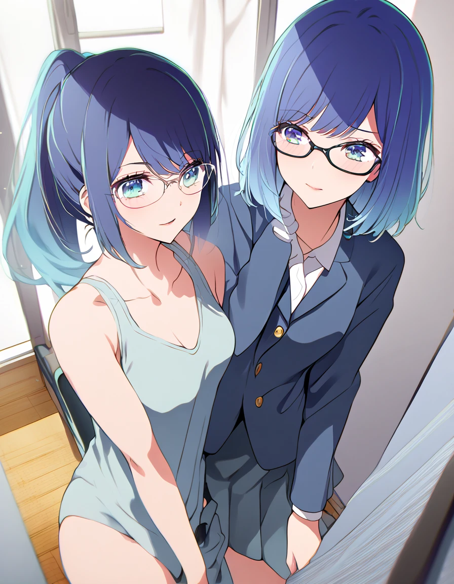  high school girl、Glasses、 ponytail、 light blue hair with a slender body、school uniform、 blazer、 HD、gym、、One person