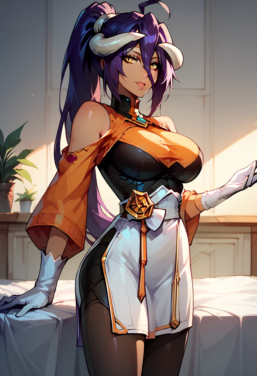 yoruichi shihouin, long hair, yellow eyes, ponytail, purple hair, dark skin, black bodysuit, bodysuit under clothes, orange shirt, long sleeves, , looking at viewer, large breasts
albedo, long hair, bare shoulders, hair between eyes, large breasts, (white dress:1.2), white gloves, (black feathers:1.2), white horns , looking at viewer
